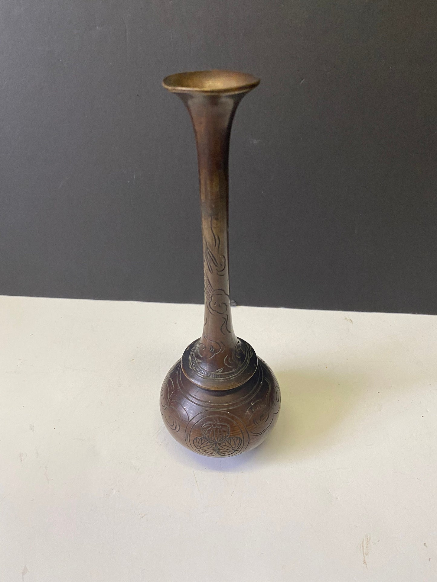 A  Stunning authentic antique Chinese Bronze engraved vase  Spectacular detail and Patina  wow  8 inches tall