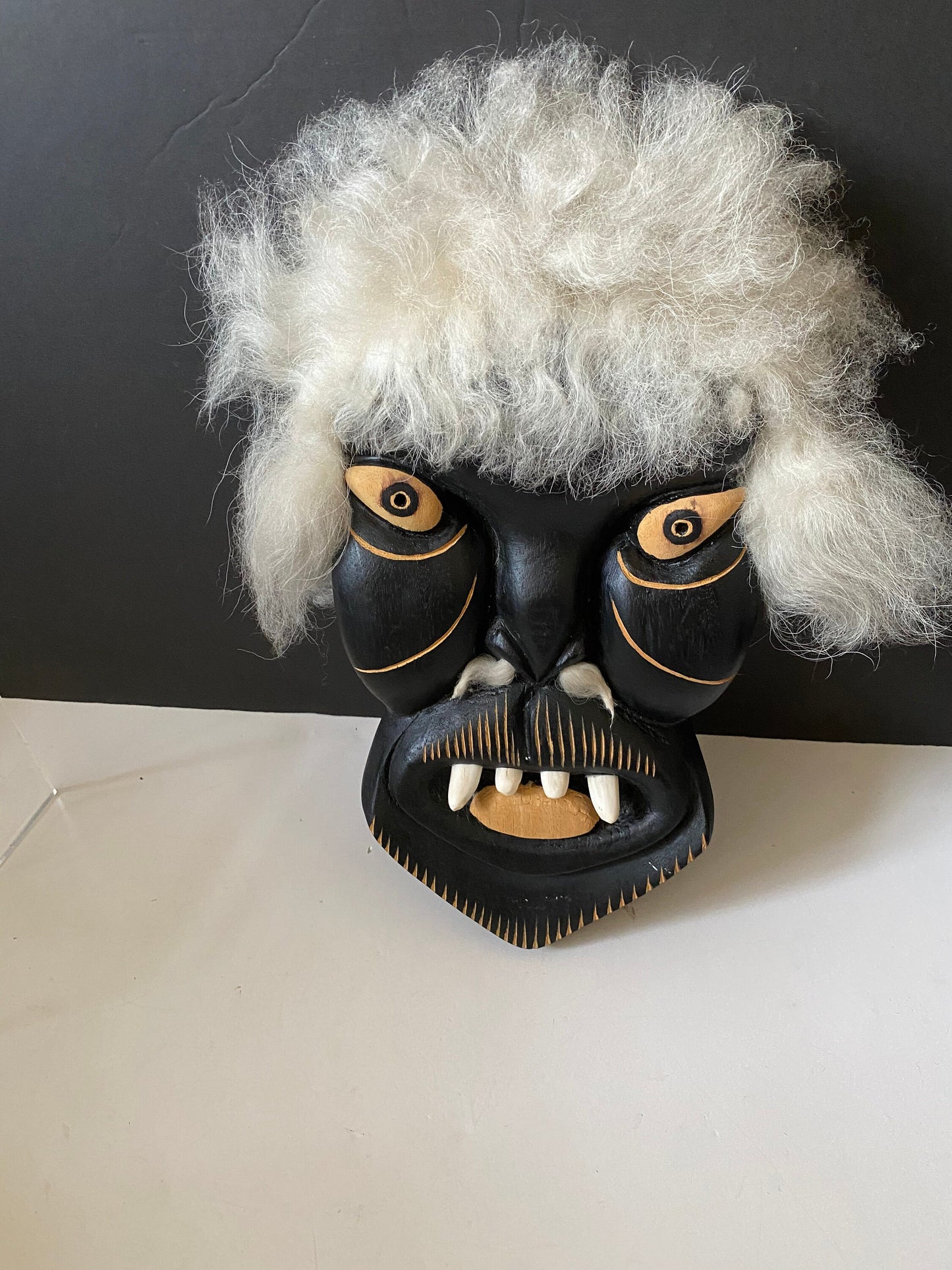 A  12 x 7 by 2 Fabulous indigenous Greenland carved wooden mask with real fur  Exceptional one-of-a-kind piece  signed with info on back