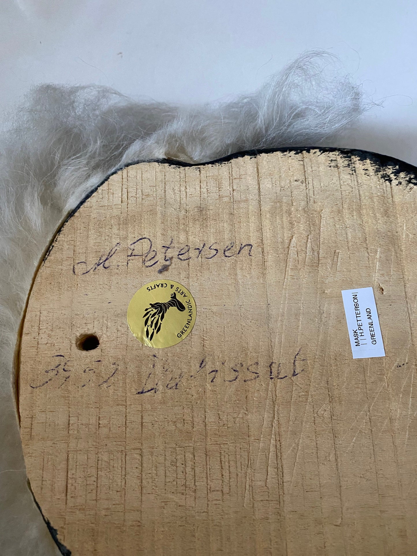 A  12 x 7 by 2 Fabulous indigenous Greenland carved wooden mask with real fur  Exceptional one-of-a-kind piece  signed with info on back