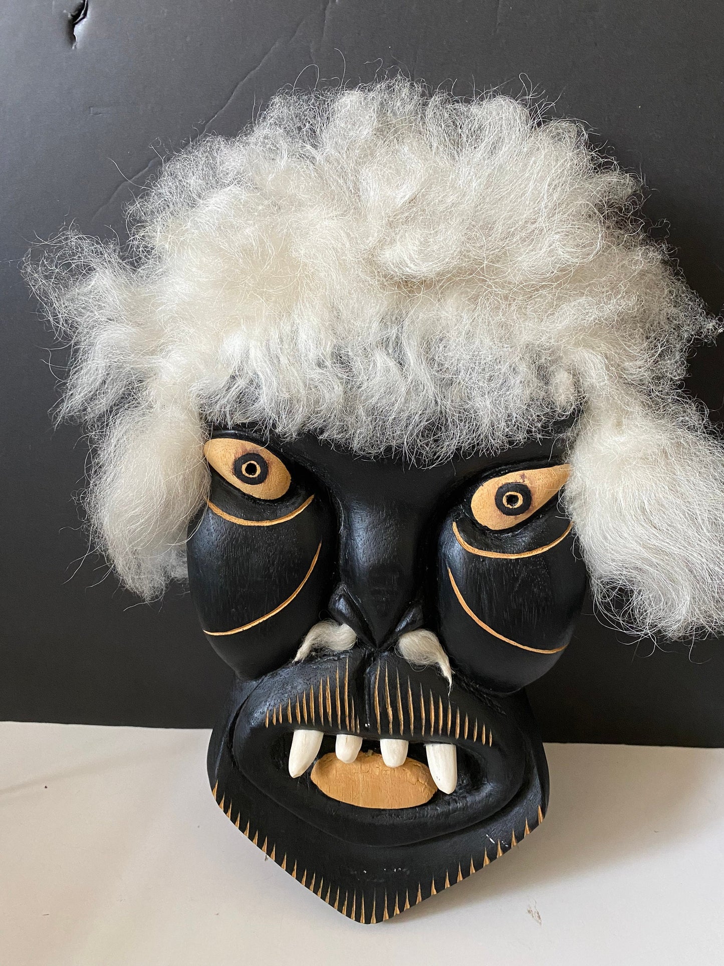 A  12 x 7 by 2 Fabulous indigenous Greenland carved wooden mask with real fur  Exceptional one-of-a-kind piece  signed with info on back