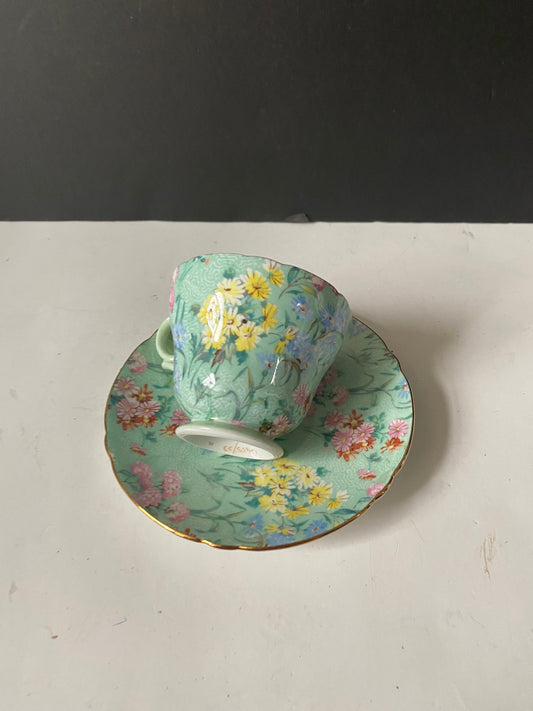 Small rare shaped chintz Shelly melody cup and saucer  Excellent condition  demitasse sized  cute