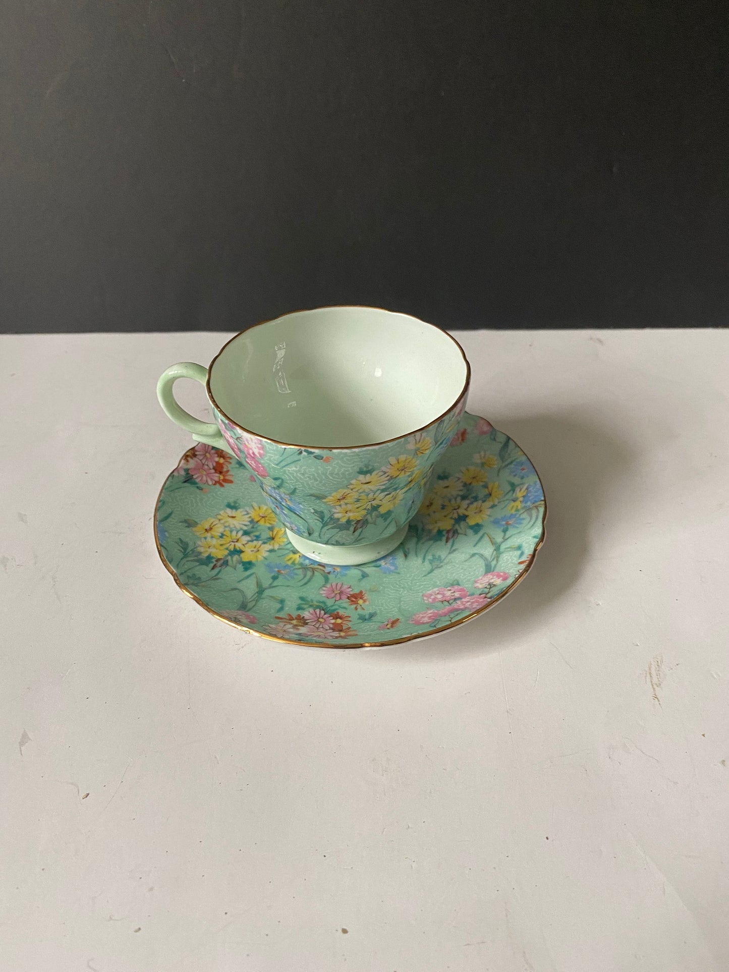 Small rare shaped chintz Shelly melody cup and saucer  Excellent condition  demitasse sized  cute