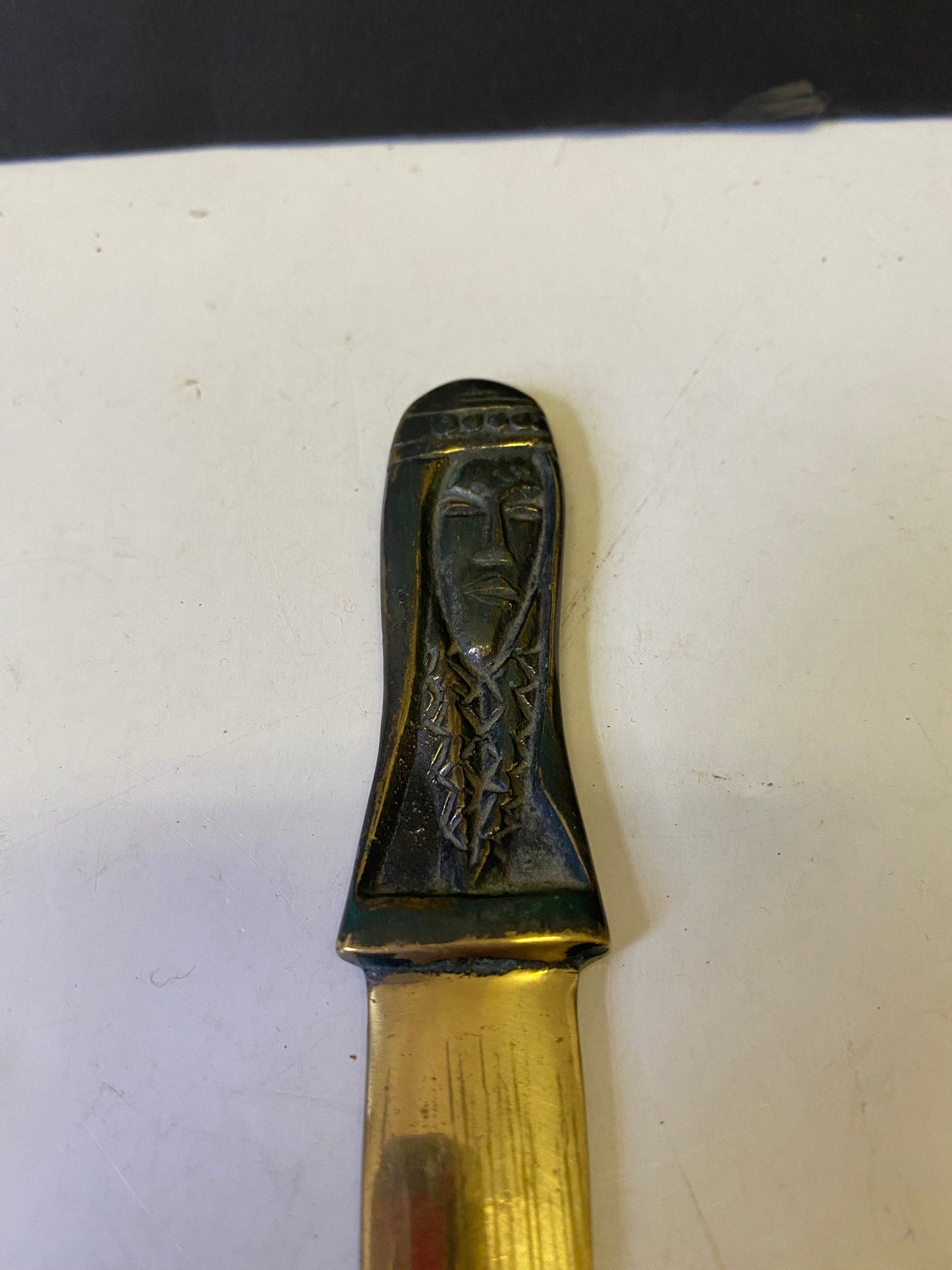 A  Stunning antique art nouveau 8 inch brass letter opener with figural head  Fabulous design and would make a wonderful gift