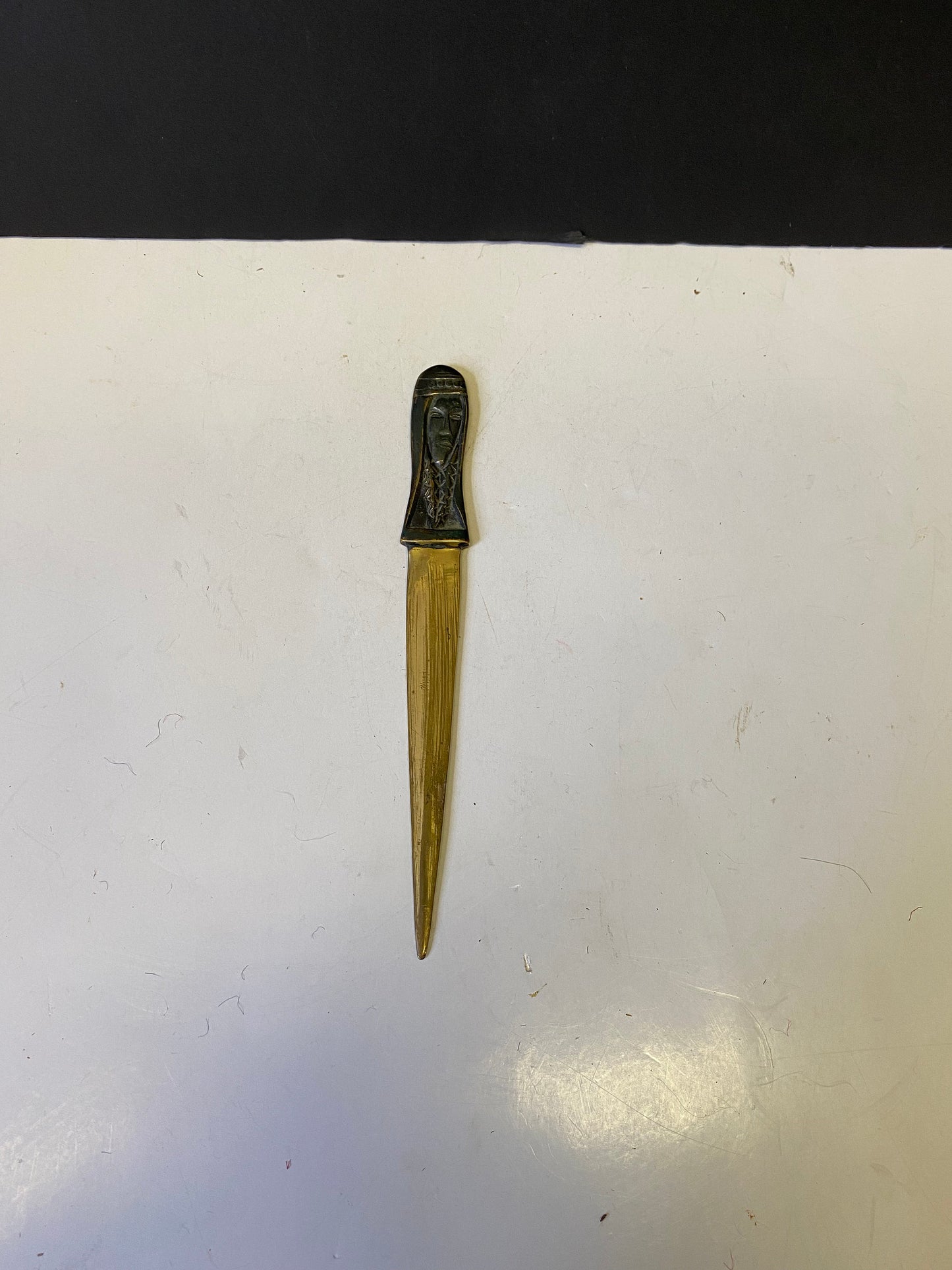 A  Stunning antique art nouveau 8 inch brass letter opener with figural head  Fabulous design and would make a wonderful gift