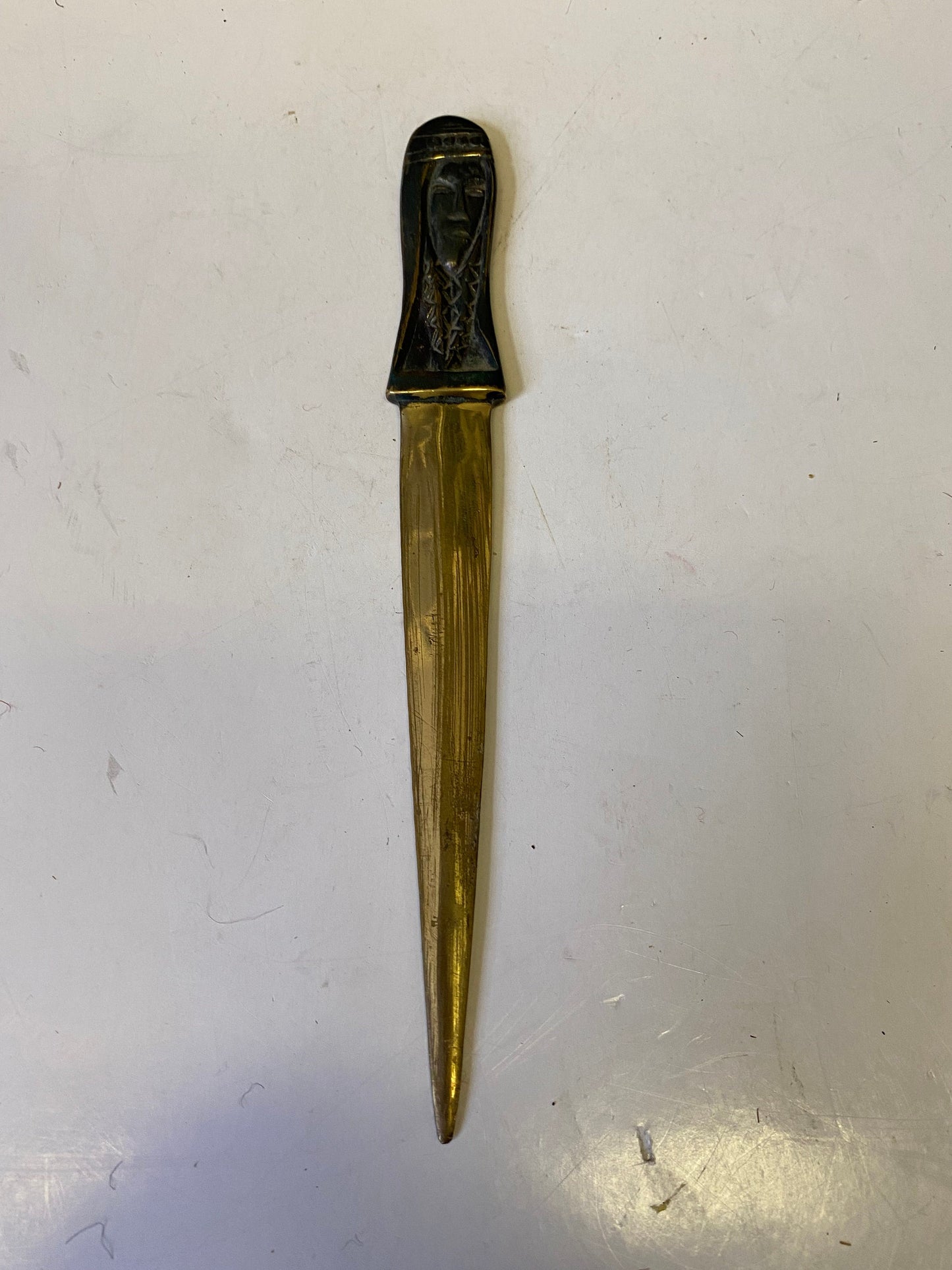 A  Stunning antique art nouveau 8 inch brass letter opener with figural head  Fabulous design and would make a wonderful gift