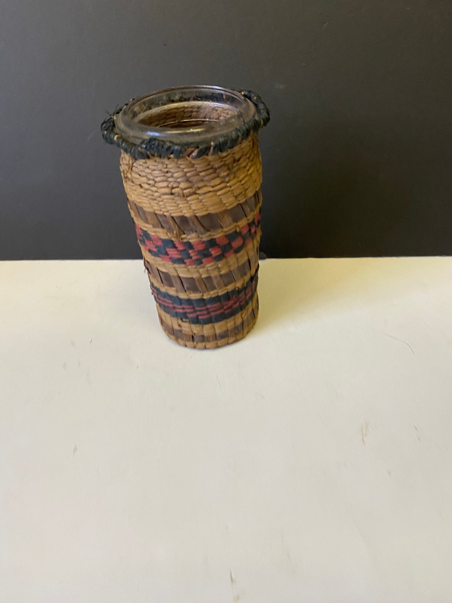best of the best 6 by 3 inch Indigenous cedar bark wrapped glass vase  First Nations art  wow  Museum quality  wow