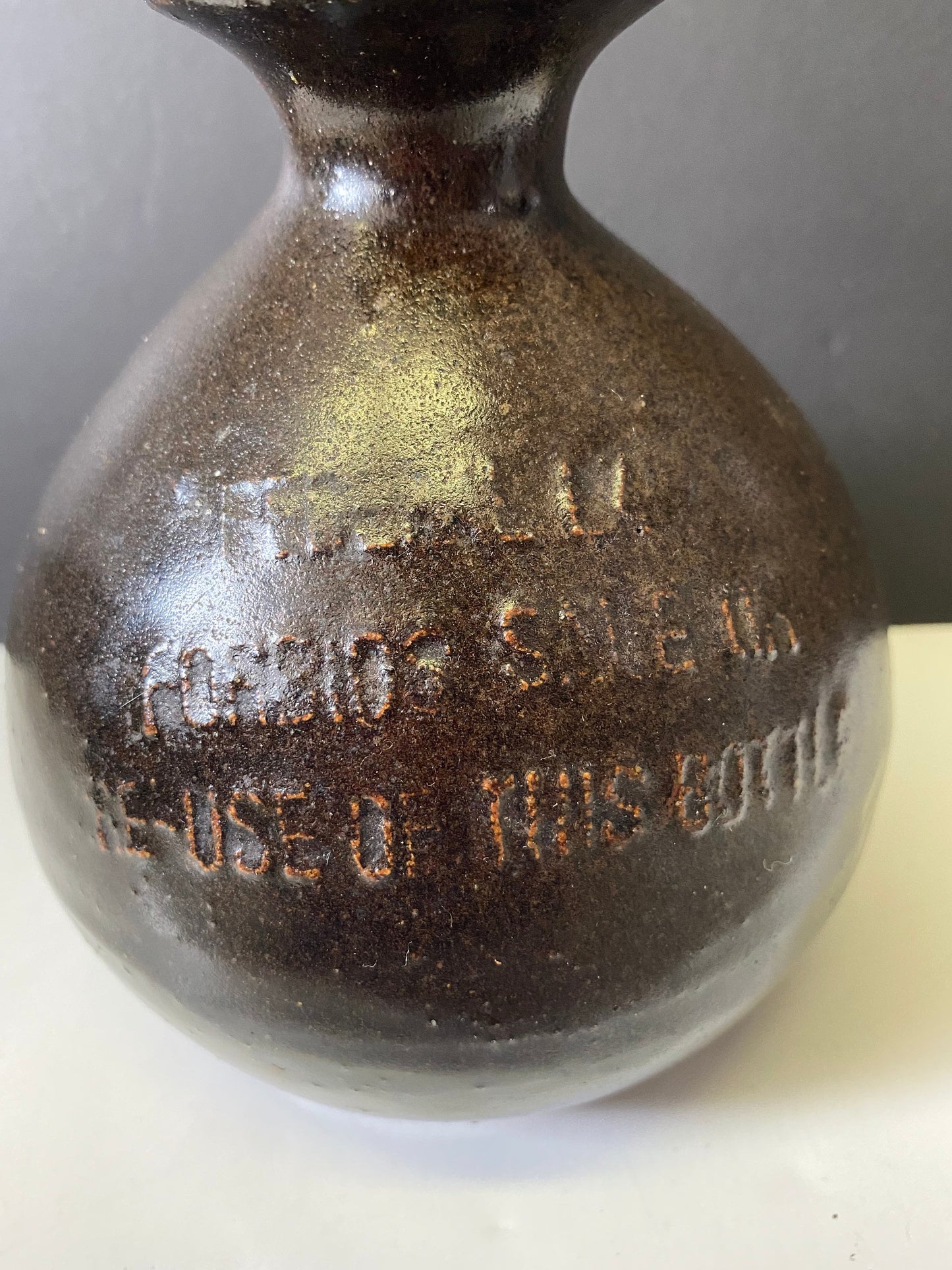 An  Unusual Antique chinese soy glazed vessel— signed and stamped etc — Wonderful piece of Chinese history found on VanIsland— 6 inches