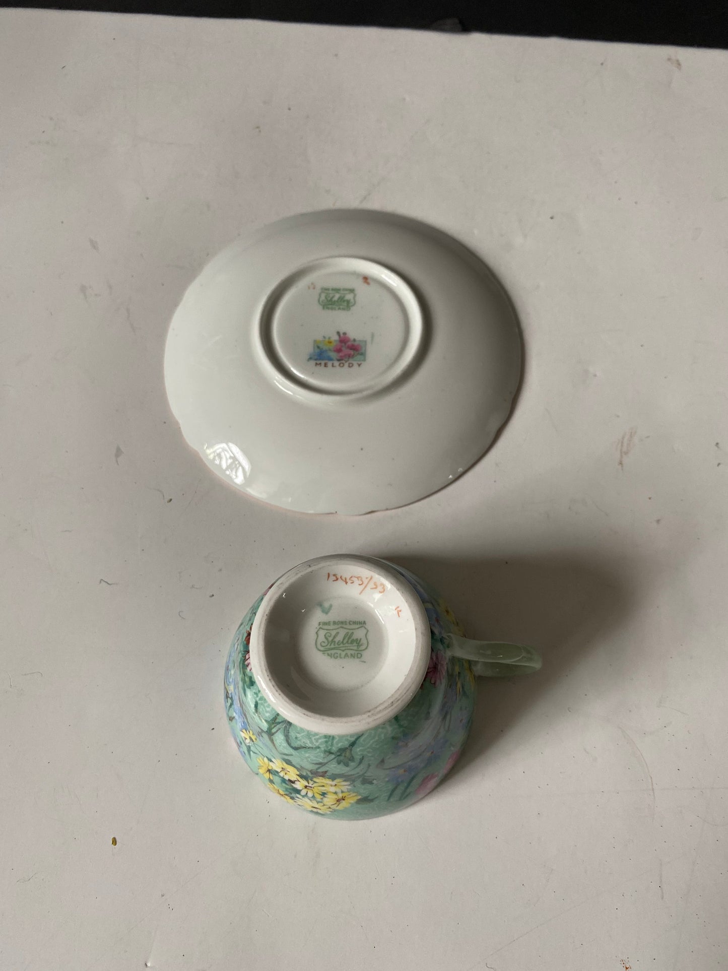 Small rare shaped chintz Shelly melody cup and saucer  Excellent condition  demitasse sized  cute