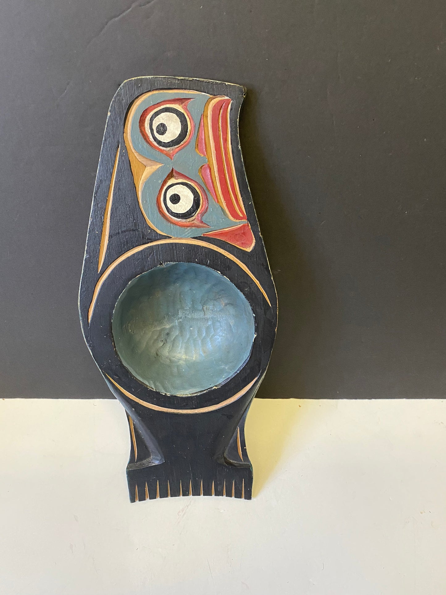 A  Museum quality 12 x 5.5 indigenous carved and painted feast bowl  Amazing intricate detail by a well-known Vancouver Island artist wow