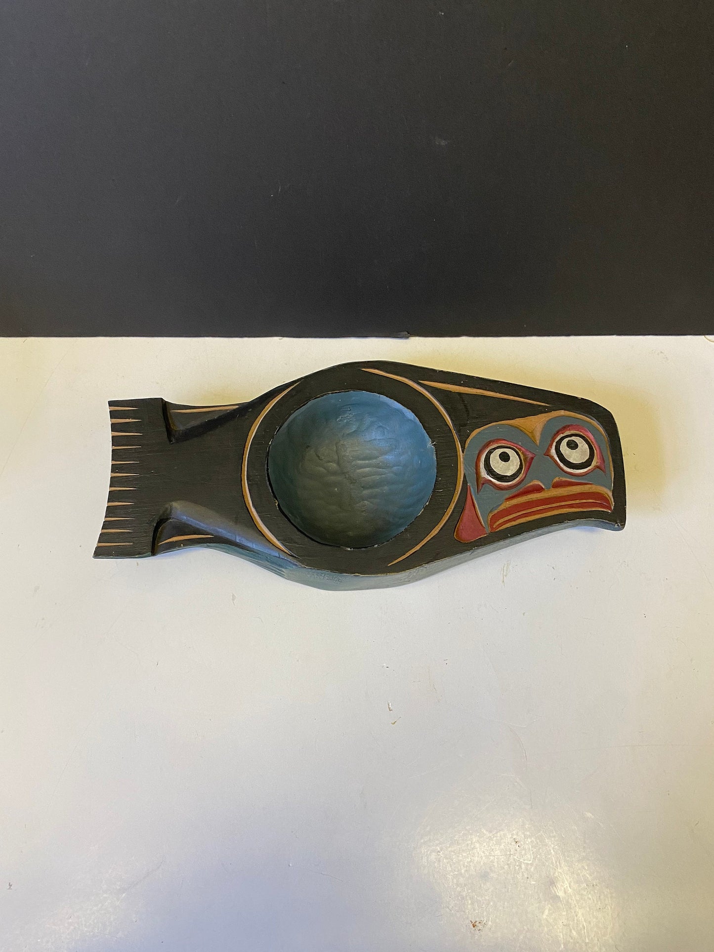 A  Museum quality 12 x 5.5 indigenous carved and painted feast bowl  Amazing intricate detail by a well-known Vancouver Island artist wow