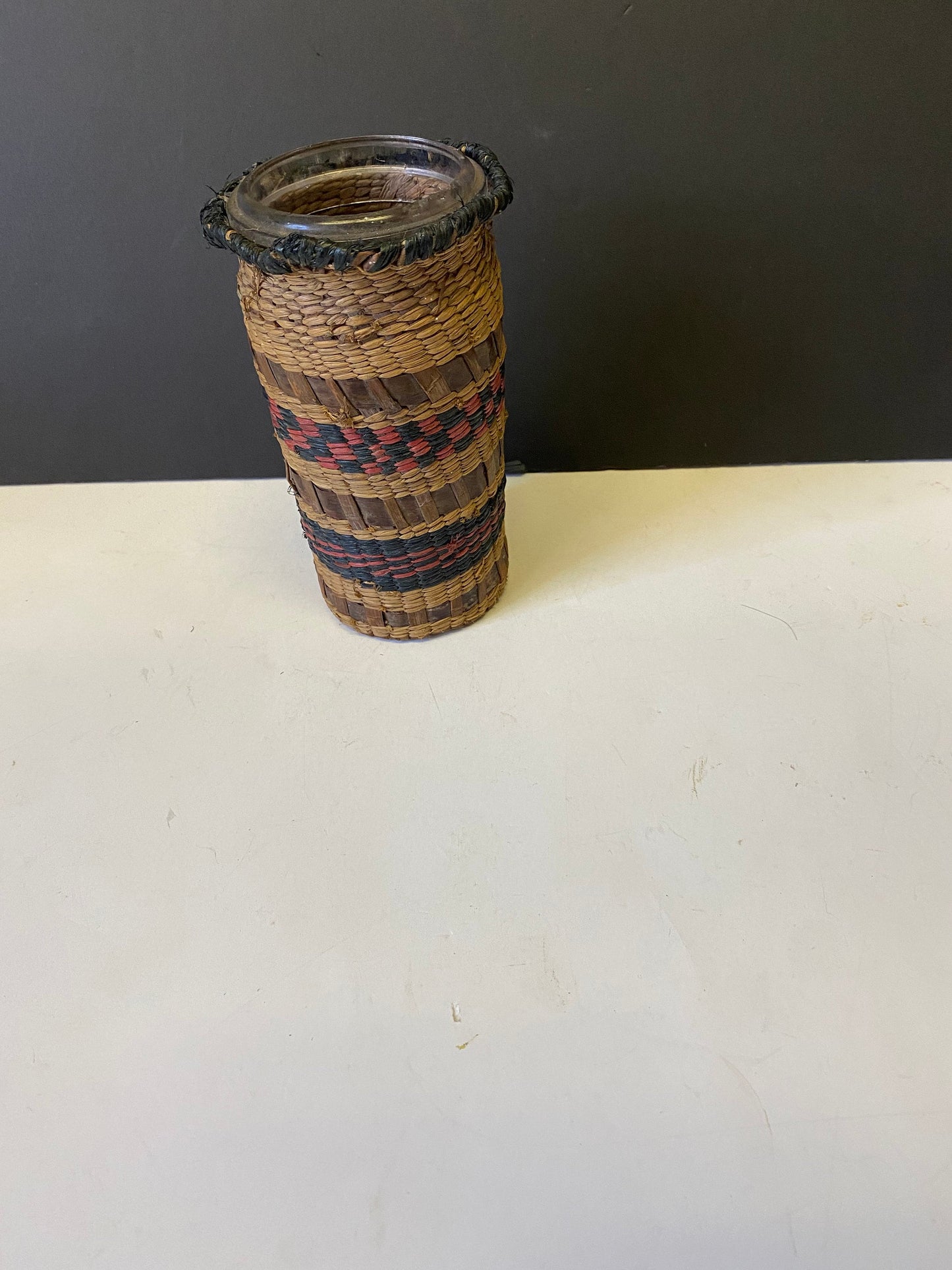 best of the best 6 by 3 inch Indigenous cedar bark wrapped glass vase  First Nations art  wow  Museum quality  wow