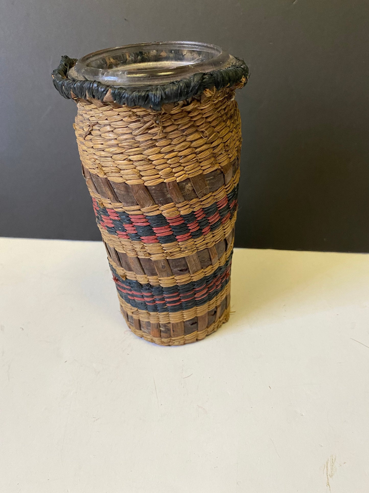best of the best 6 by 3 inch Indigenous cedar bark wrapped glass vase  First Nations art  wow  Museum quality  wow