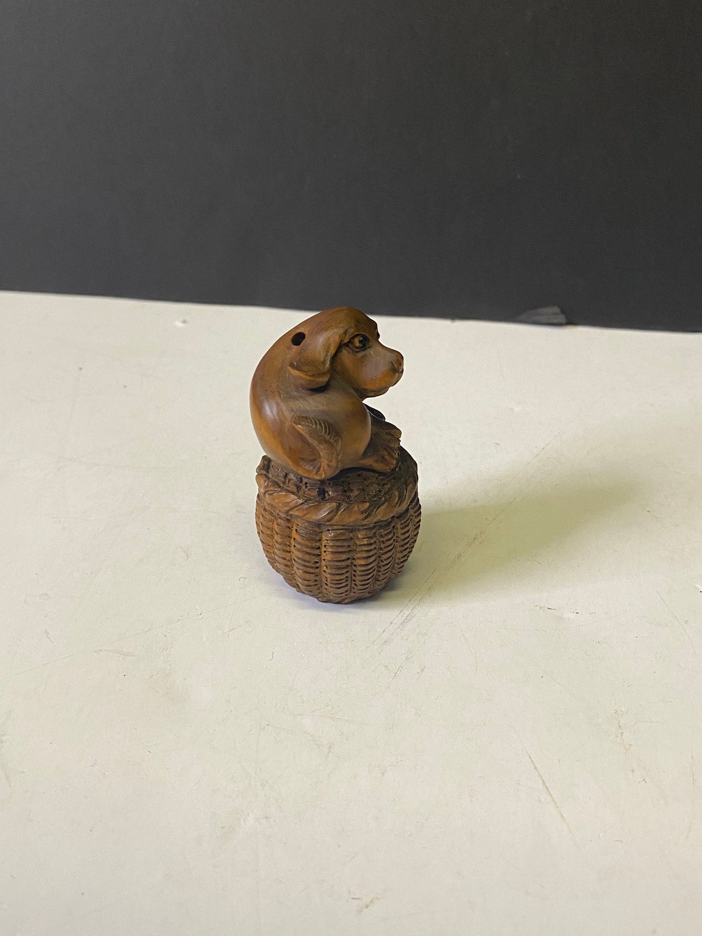 Absolutely fabulous 2 inch antique authentic Boxwood netsuke of a puppy in basket  Unbelievable detail  wow
