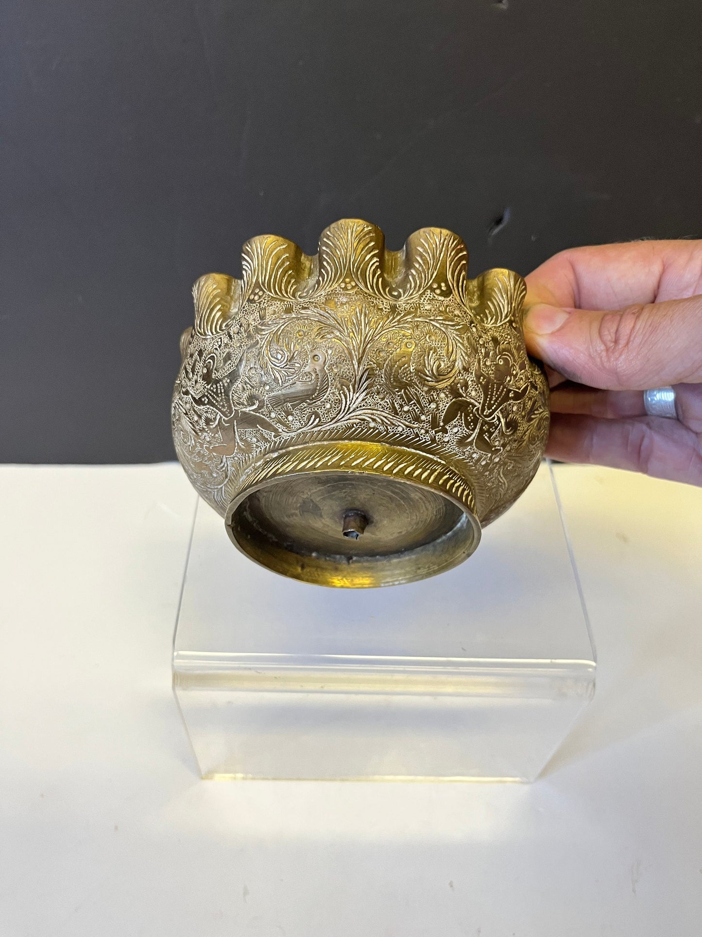 Absolutely fabulous 6 inch tall by 3 inch wide Southeast Asian antique ceremonial death bowl  one of a kind  good weight and patina  wow