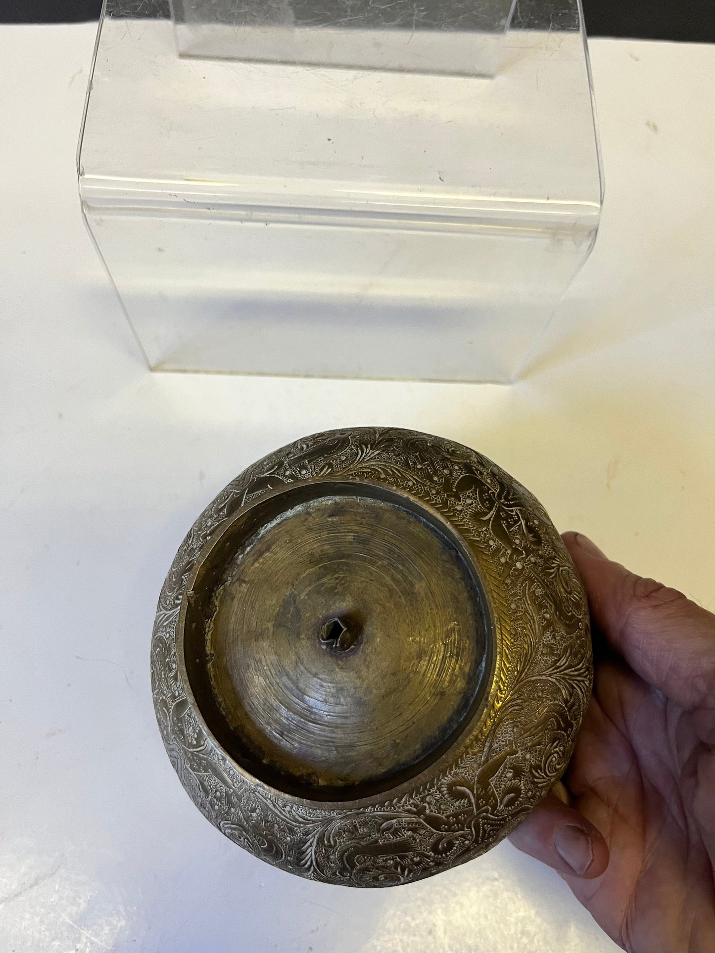 Absolutely fabulous 6 inch tall by 3 inch wide Southeast Asian antique ceremonial death bowl  one of a kind  good weight and patina  wow