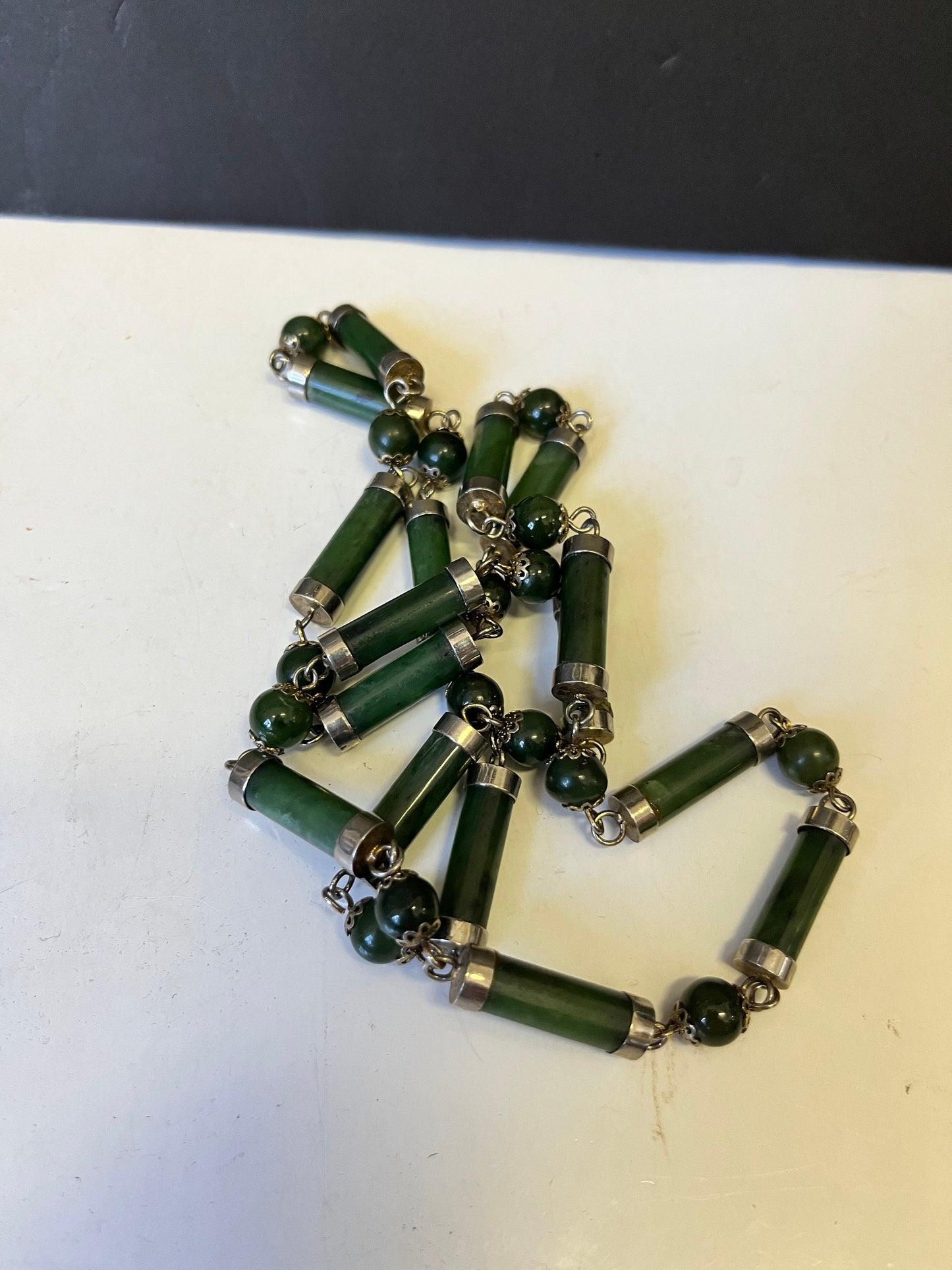 An Absolutely fabulous old Chinese Jade and gilded Silver (not tested) 26 inch necklace  Absolutely fabulous quality   no clasp