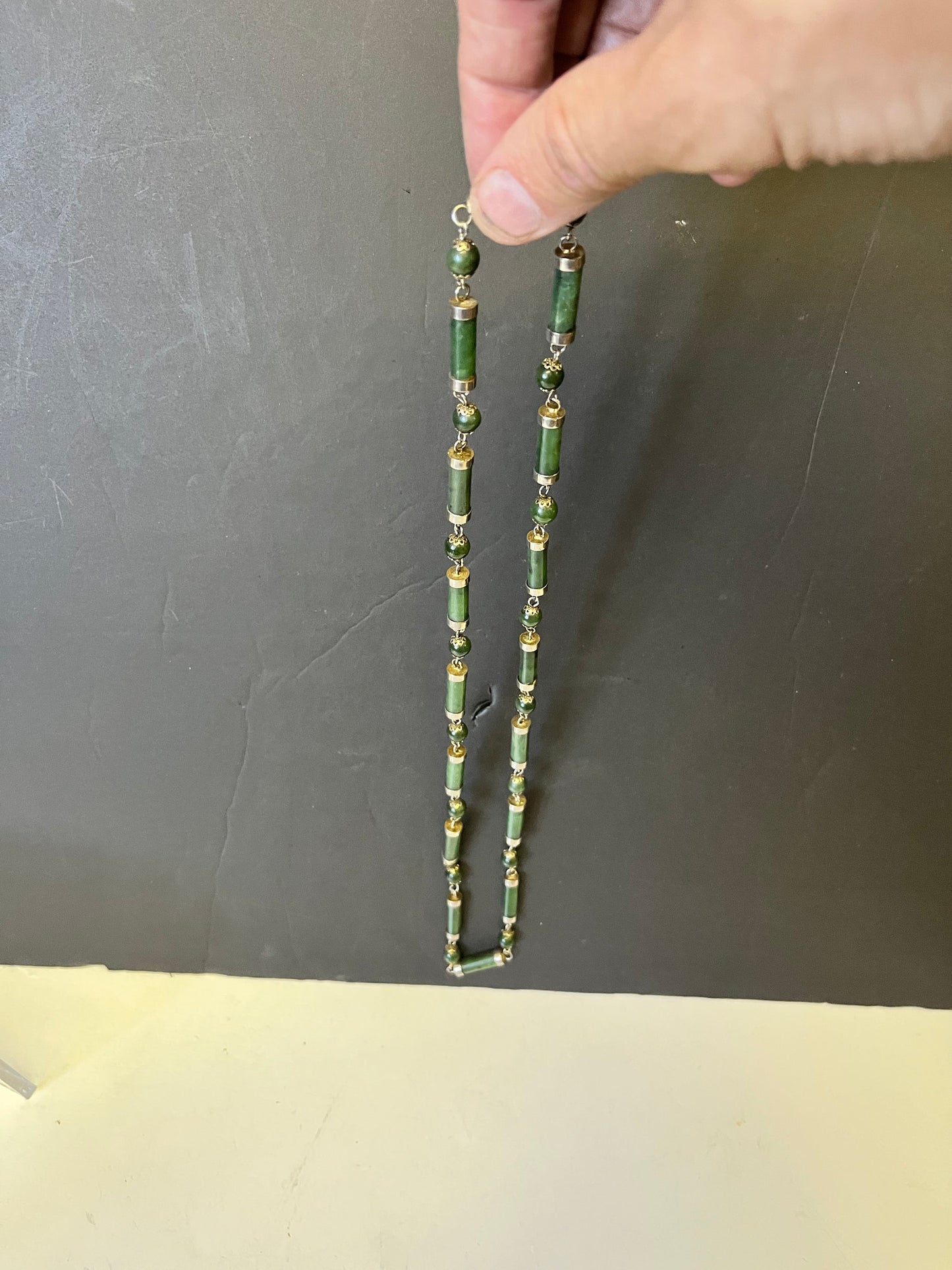 An Absolutely fabulous old Chinese Jade and gilded Silver (not tested) 26 inch necklace  Absolutely fabulous quality   no clasp