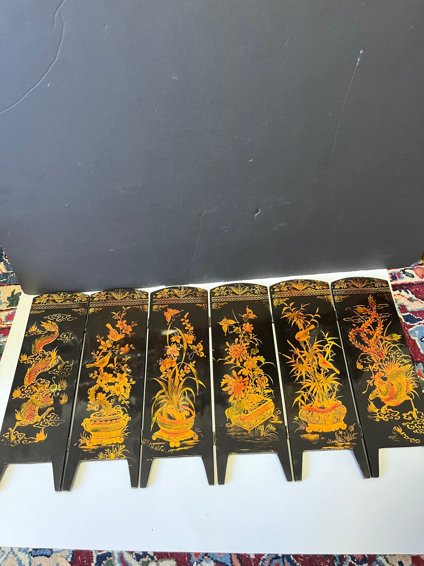 Absolutely stunning 26 x 13 antique Japanese mother of pearl and lacquer six panel table screen  The best of these Ive ever seen - wow