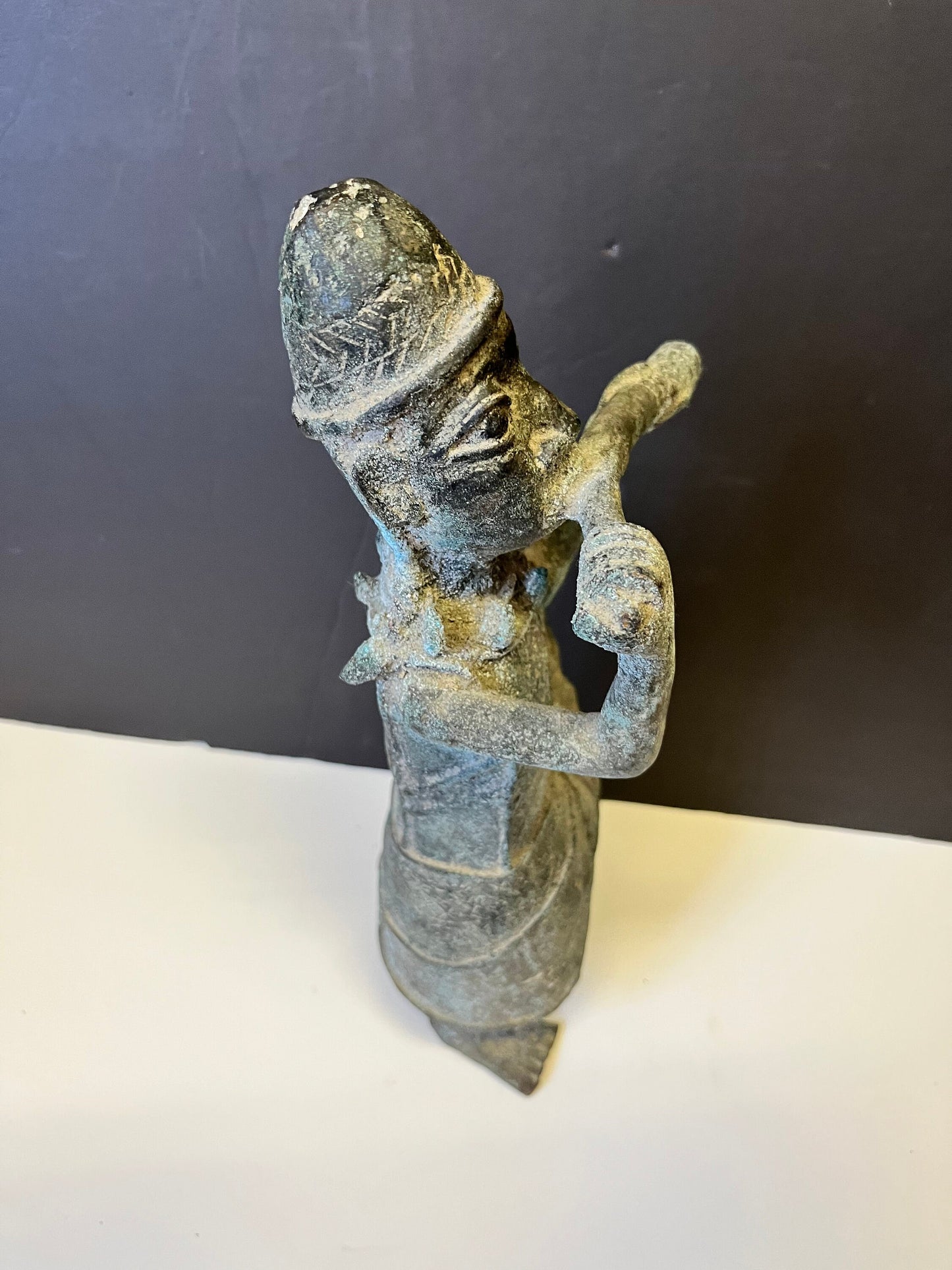 Absolutely magical 13 inch tall African Dogan bronze statue playing an instrument  Early 19 century or earlier  Wonderful Patina