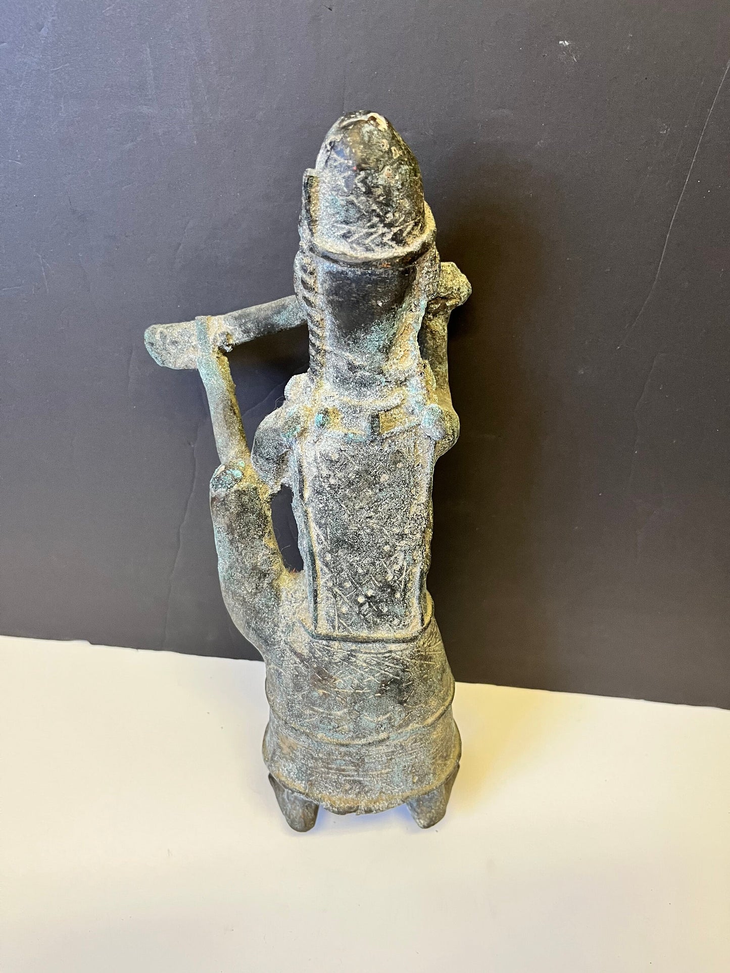 Absolutely magical 13 inch tall African Dogan bronze statue playing an instrument  Early 19 century or earlier  Wonderful Patina