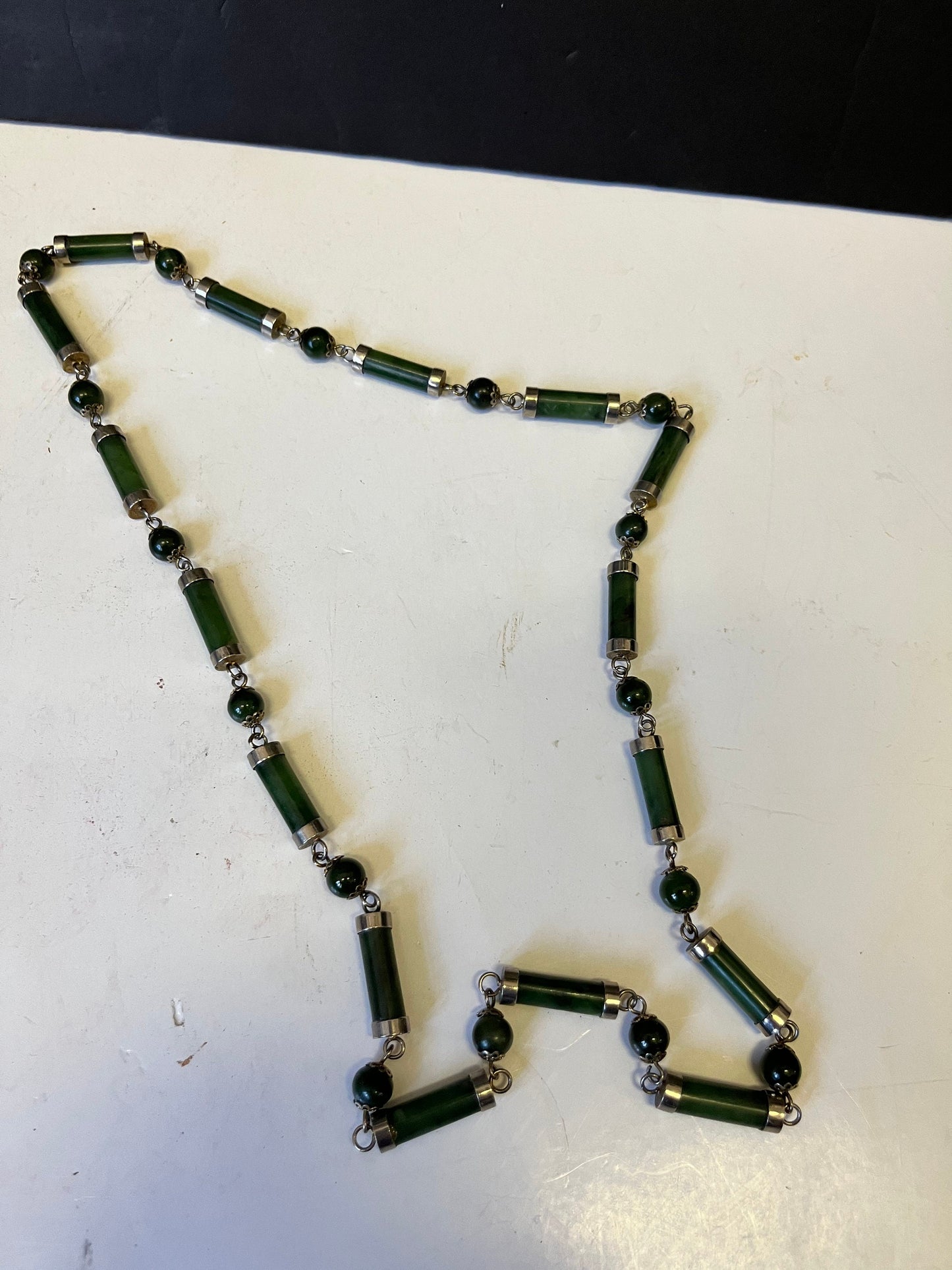 An Absolutely fabulous old Chinese Jade and gilded Silver (not tested) 26 inch necklace  Absolutely fabulous quality   no clasp