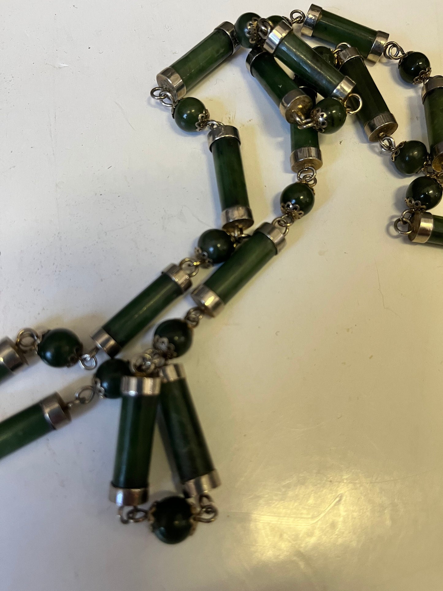 An Absolutely fabulous old Chinese Jade and gilded Silver (not tested) 26 inch necklace  Absolutely fabulous quality   no clasp