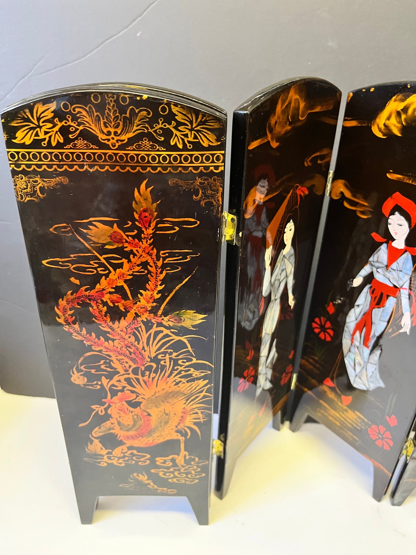 Absolutely stunning 26 x 13 antique Japanese mother of pearl and lacquer six panel table screen  The best of these Ive ever seen - wow