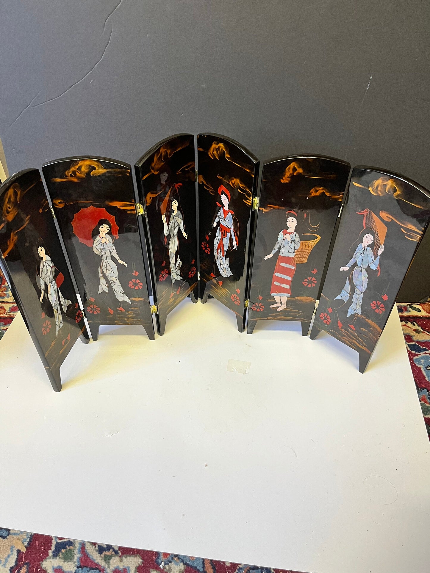 Absolutely stunning 26 x 13 antique Japanese mother of pearl and lacquer six panel table screen  The best of these Ive ever seen - wow