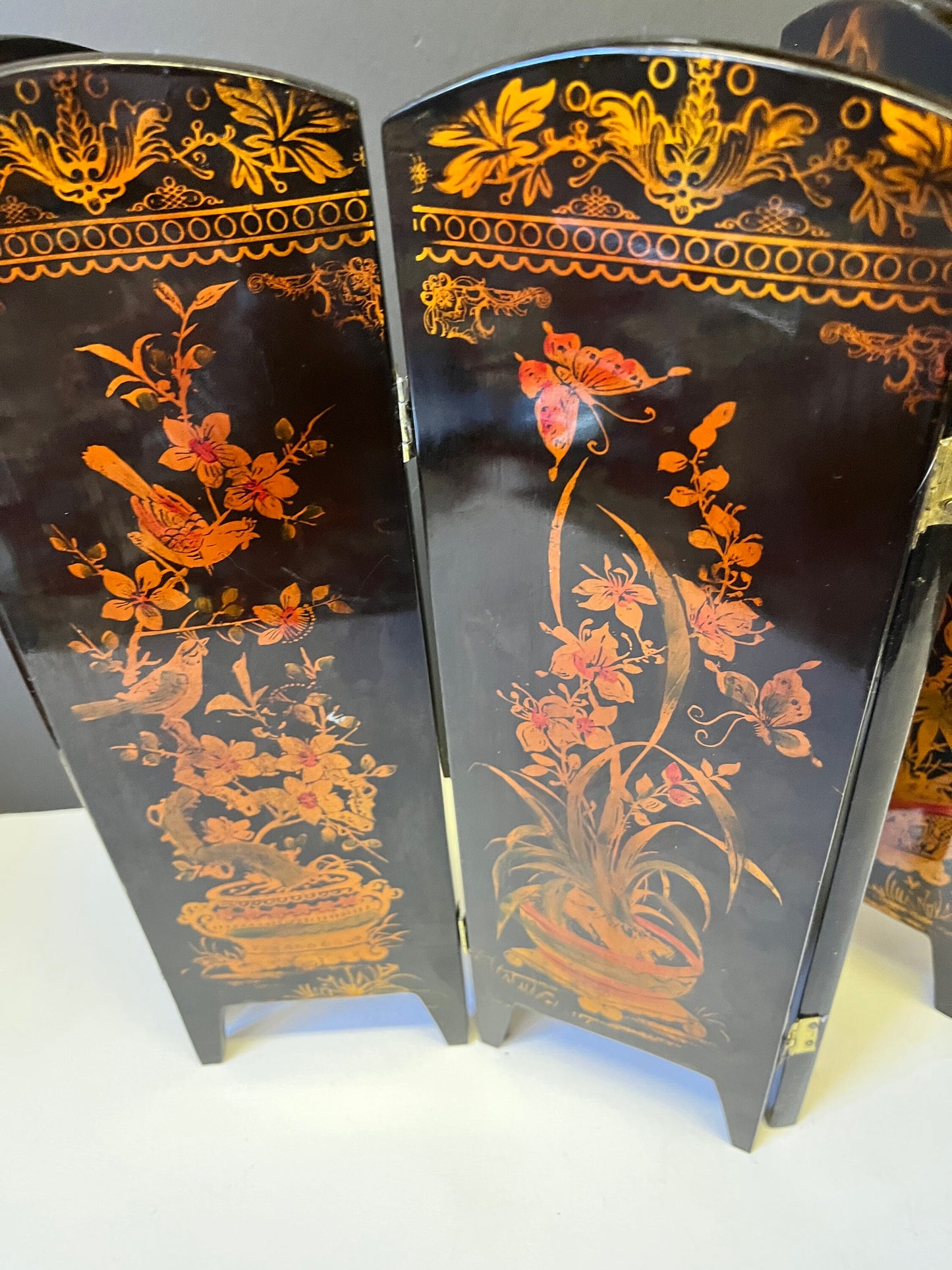 Absolutely stunning 26 x 13 antique Japanese mother of pearl and lacquer six panel table screen  The best of these Ive ever seen - wow