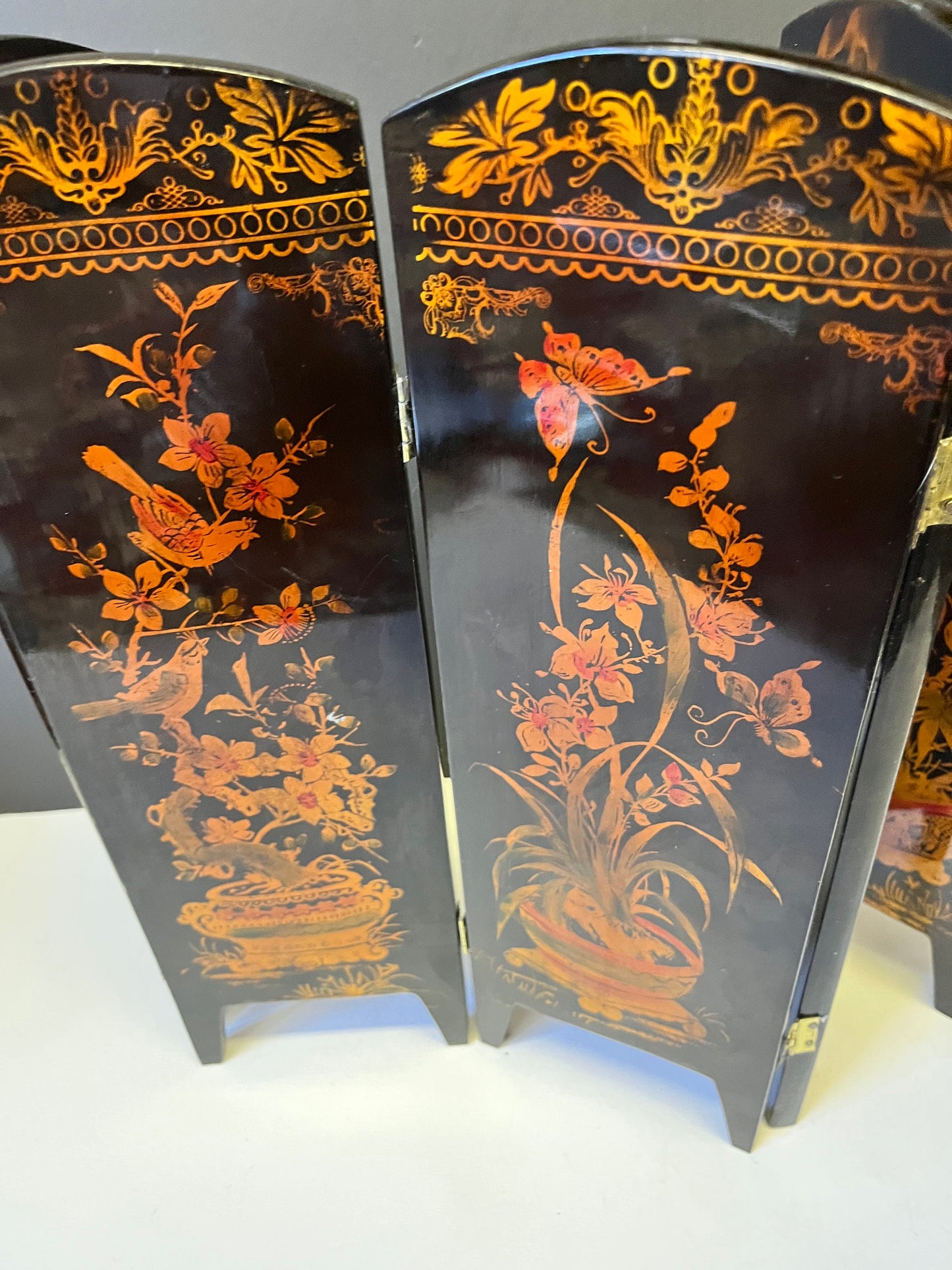 Absolutely stunning 26 x 13 antique Japanese mother of pearl and lacquer six panel table screen  The best of these Ive ever seen - wow