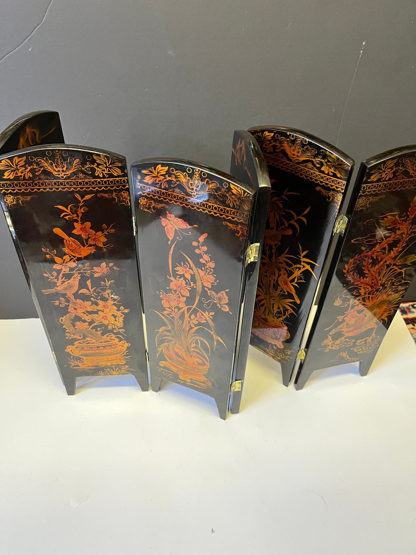 Absolutely stunning 26 x 13 antique Japanese mother of pearl and lacquer six panel table screen  The best of these Ive ever seen - wow