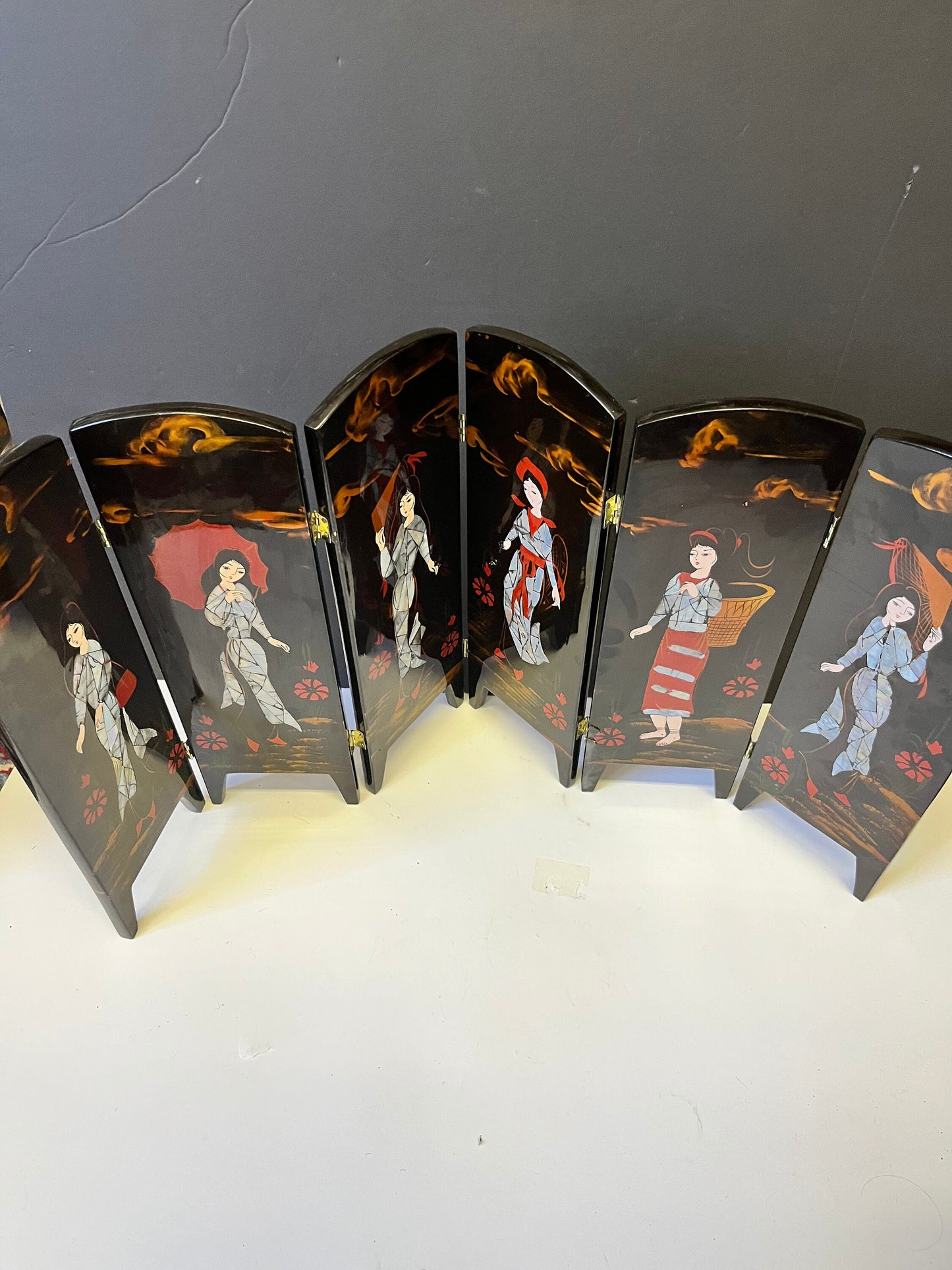 Absolutely stunning 26 x 13 antique Japanese mother of pearl and lacquer six panel table screen  The best of these Ive ever seen - wow