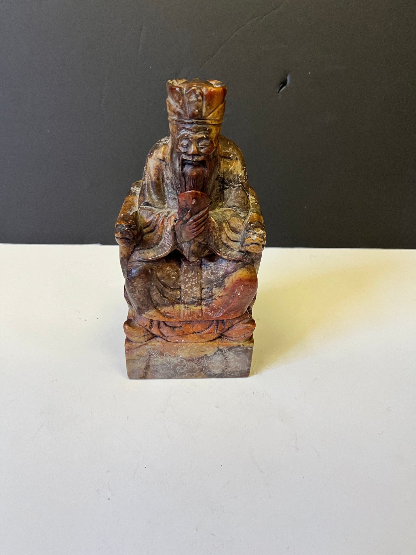 Fabulous 8 x 3 x 2 deep old Chinese soapstone emperor statue  Heavy and in perfect condition  wow wow