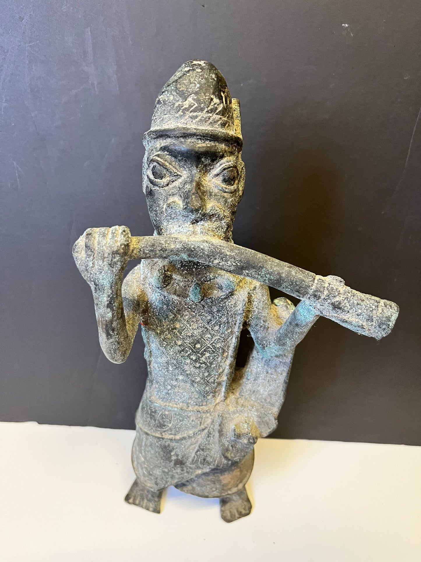 Absolutely magical 13 inch tall African Dogan bronze statue playing an instrument  Early 19 century or earlier  Wonderful Patina