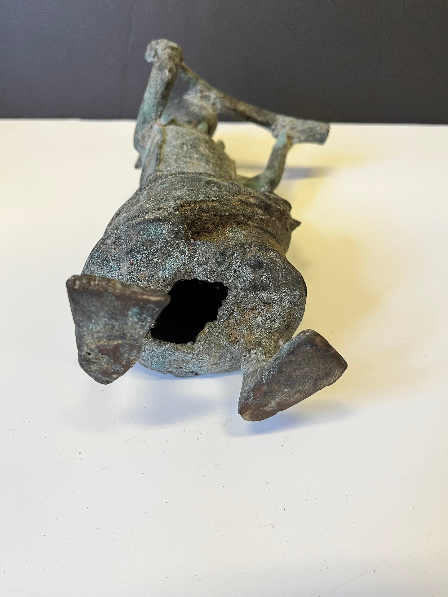 Absolutely magical 13 inch tall African Dogan bronze statue playing an instrument  Early 19 century or earlier  Wonderful Patina