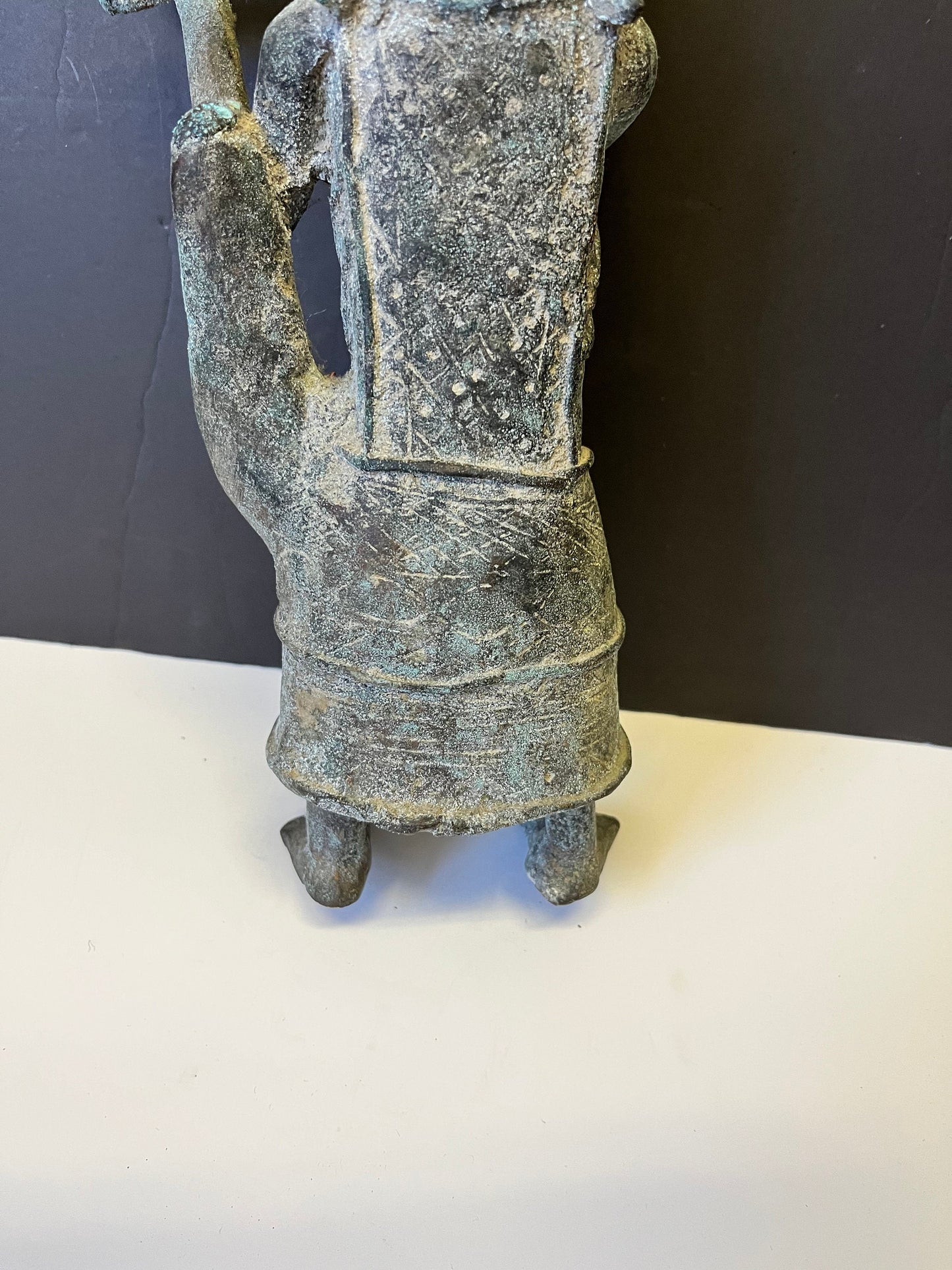 Absolutely magical 13 inch tall African Dogan bronze statue playing an instrument  Early 19 century or earlier  Wonderful Patina