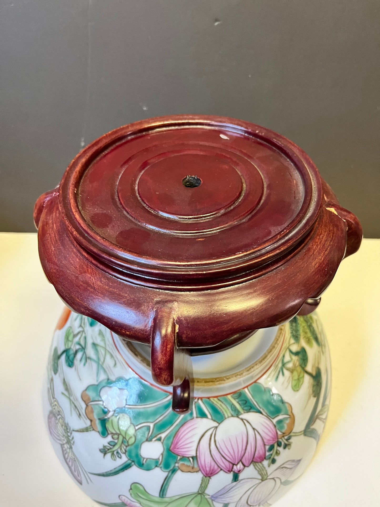 Absolutely stunning Chinese 12 inch signed Polichrome heavily decorated bowl on Rosewood stand  Unbelievable quality & detail - great price