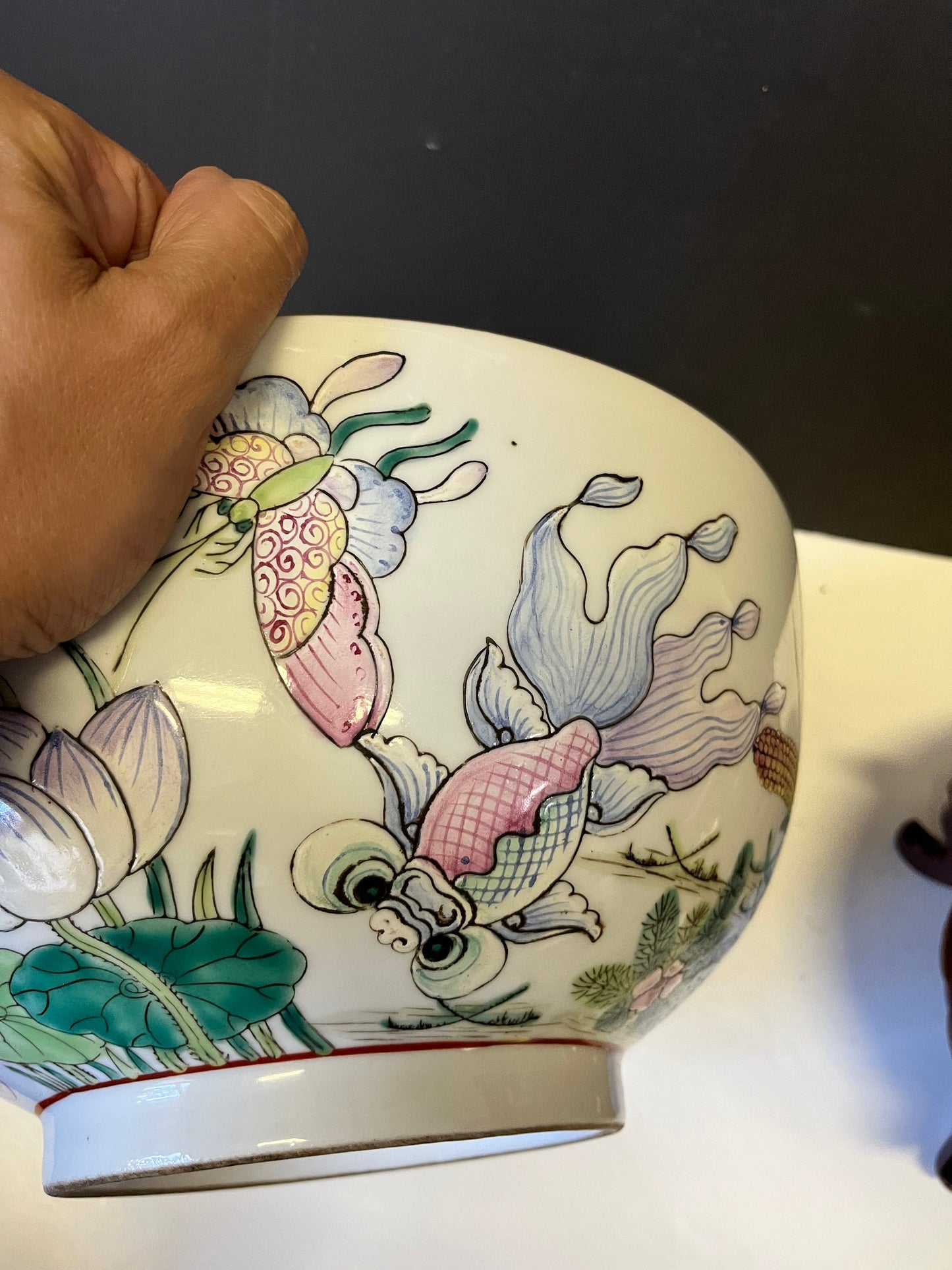 Absolutely stunning Chinese 12 inch signed Polichrome heavily decorated bowl on Rosewood stand  Unbelievable quality & detail - great price