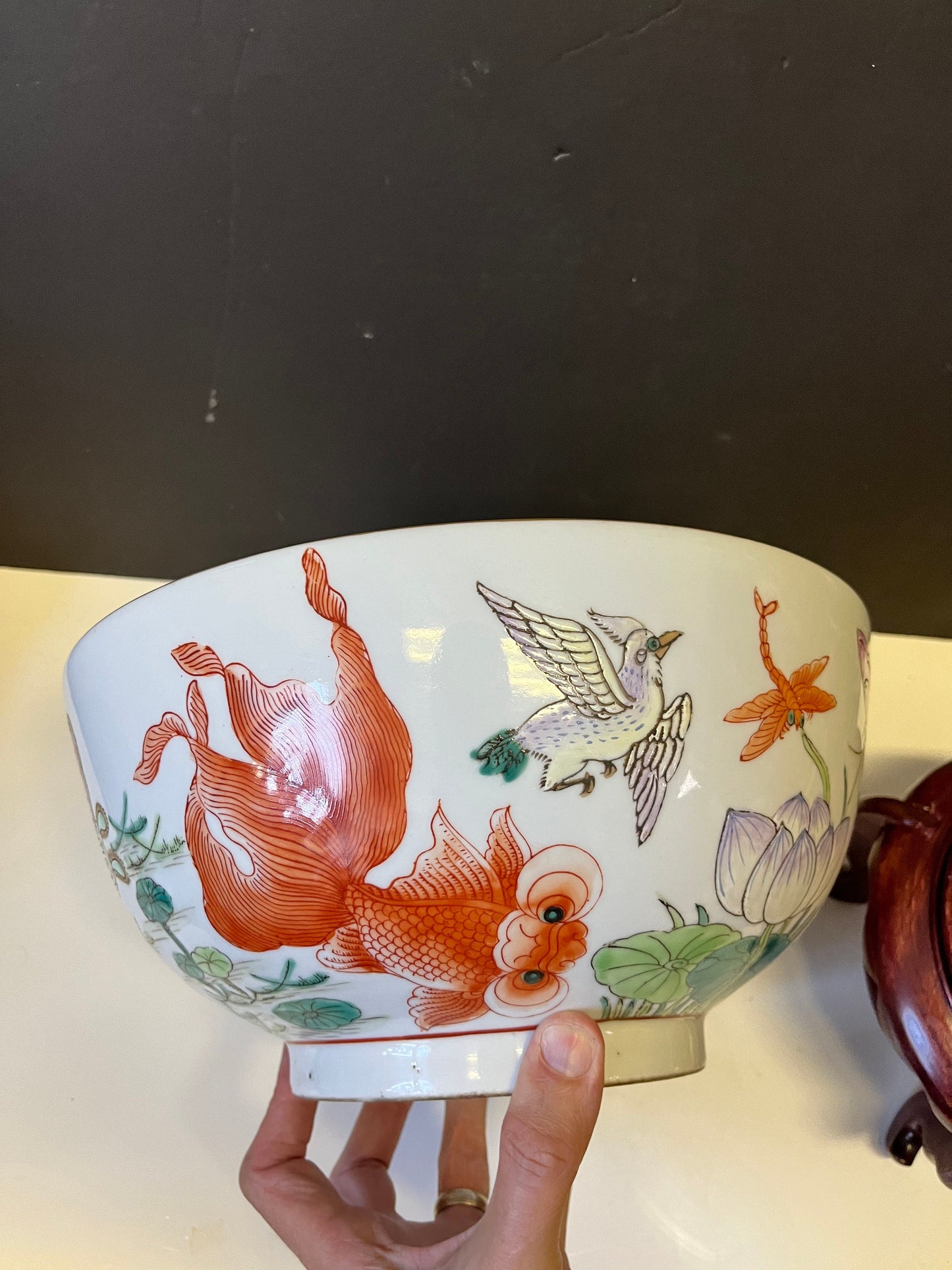 Absolutely stunning Chinese 12 inch signed Polichrome heavily decorated bowl on Rosewood stand  Unbelievable quality & detail - great price