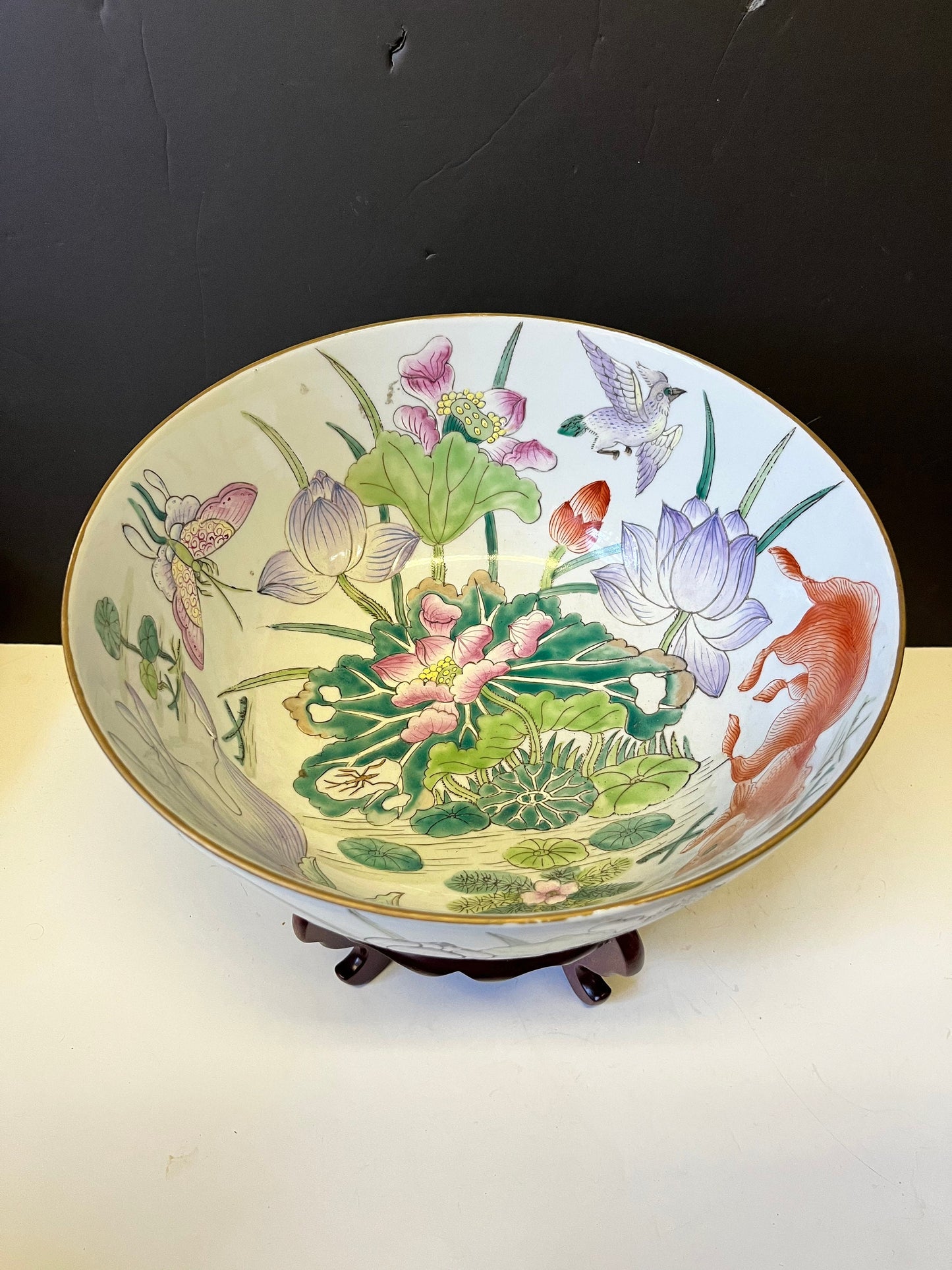 Absolutely stunning Chinese 12 inch signed Polichrome heavily decorated bowl on Rosewood stand  Unbelievable quality & detail - great price