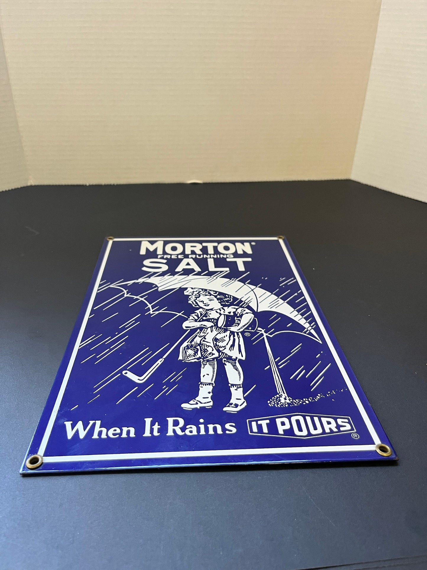 Fabulous old 12 x 5 enamel sign advertising Morton salt  wonderful condition  great look and perfect gift  advertising enamel sign wow