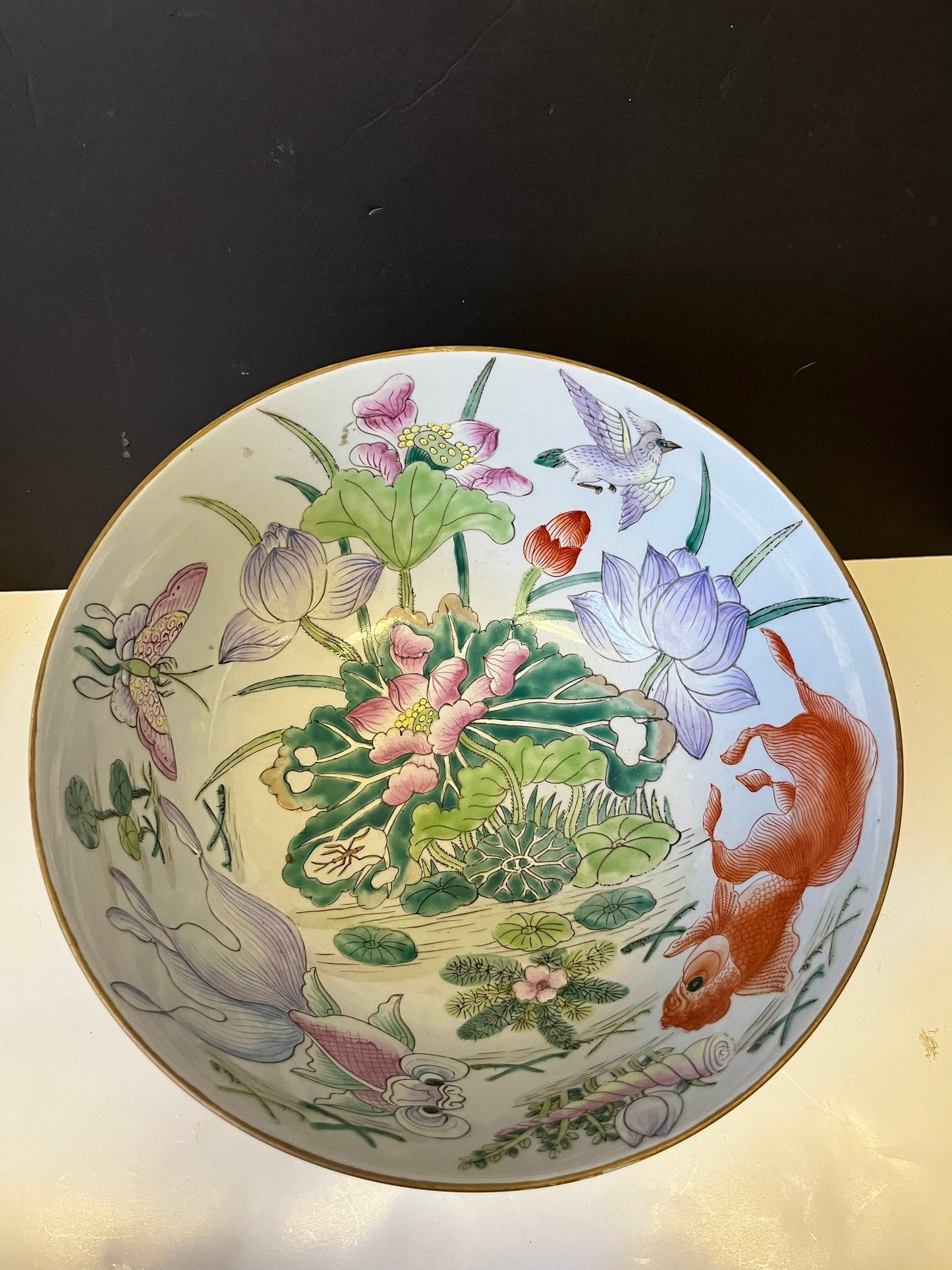 Absolutely stunning Chinese 12 inch signed Polichrome heavily decorated bowl on Rosewood stand  Unbelievable quality & detail - great price