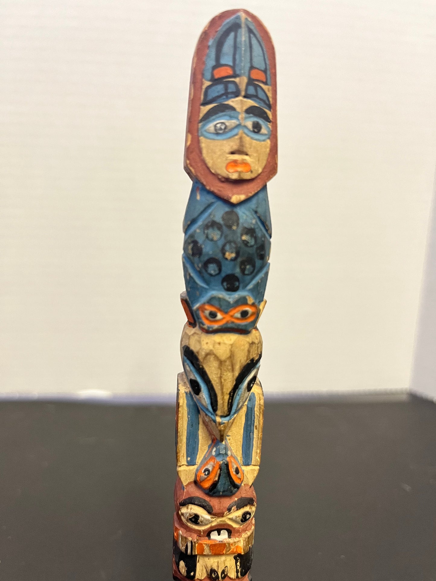Fabulous 7 inch polychrome Canadian indigenous First Nations antique transformation totem  hand painted and wonderful  indigenous totem -