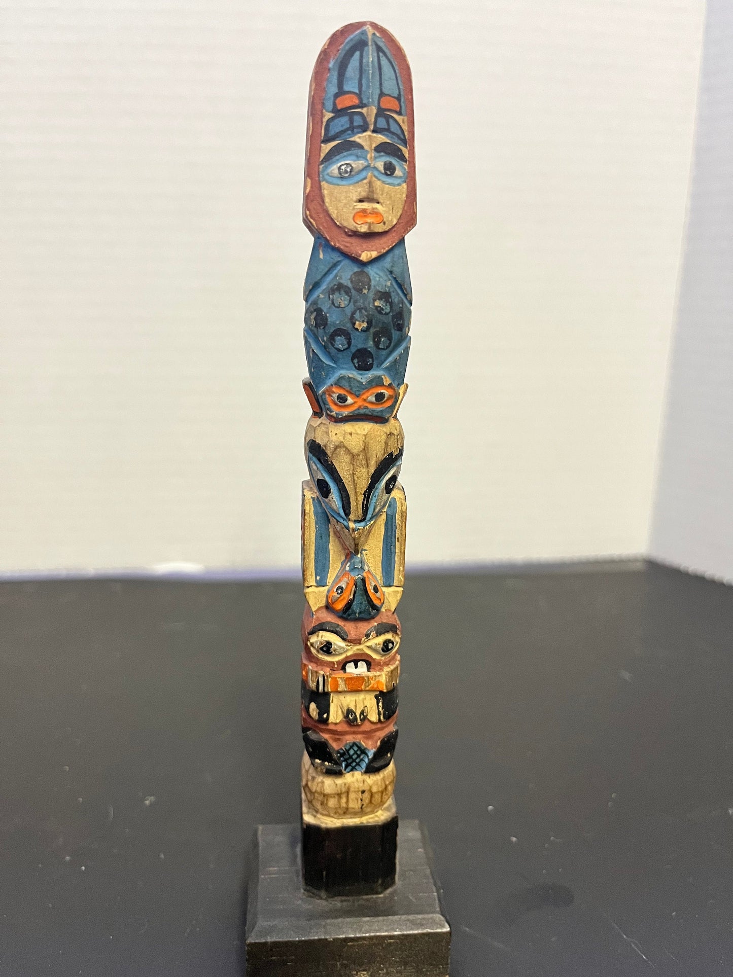 Fabulous 7 inch polychrome Canadian indigenous First Nations antique transformation totem  hand painted and wonderful  indigenous totem -
