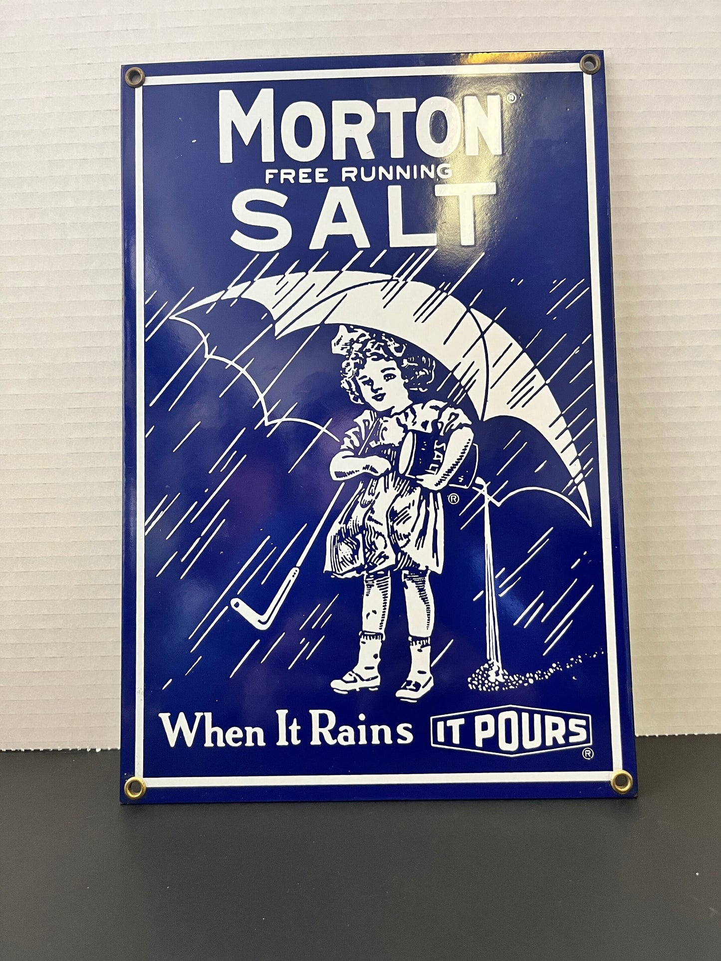 Fabulous old 12 x 5 enamel sign advertising Morton salt  wonderful condition  great look and perfect gift  advertising enamel sign wow