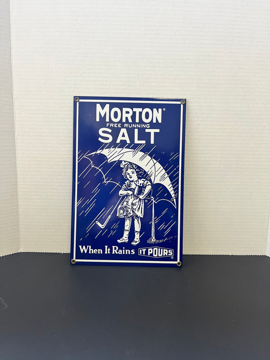 Fabulous old 12 x 5 enamel sign advertising Morton salt  wonderful condition  great look and perfect gift  advertising enamel sign wow