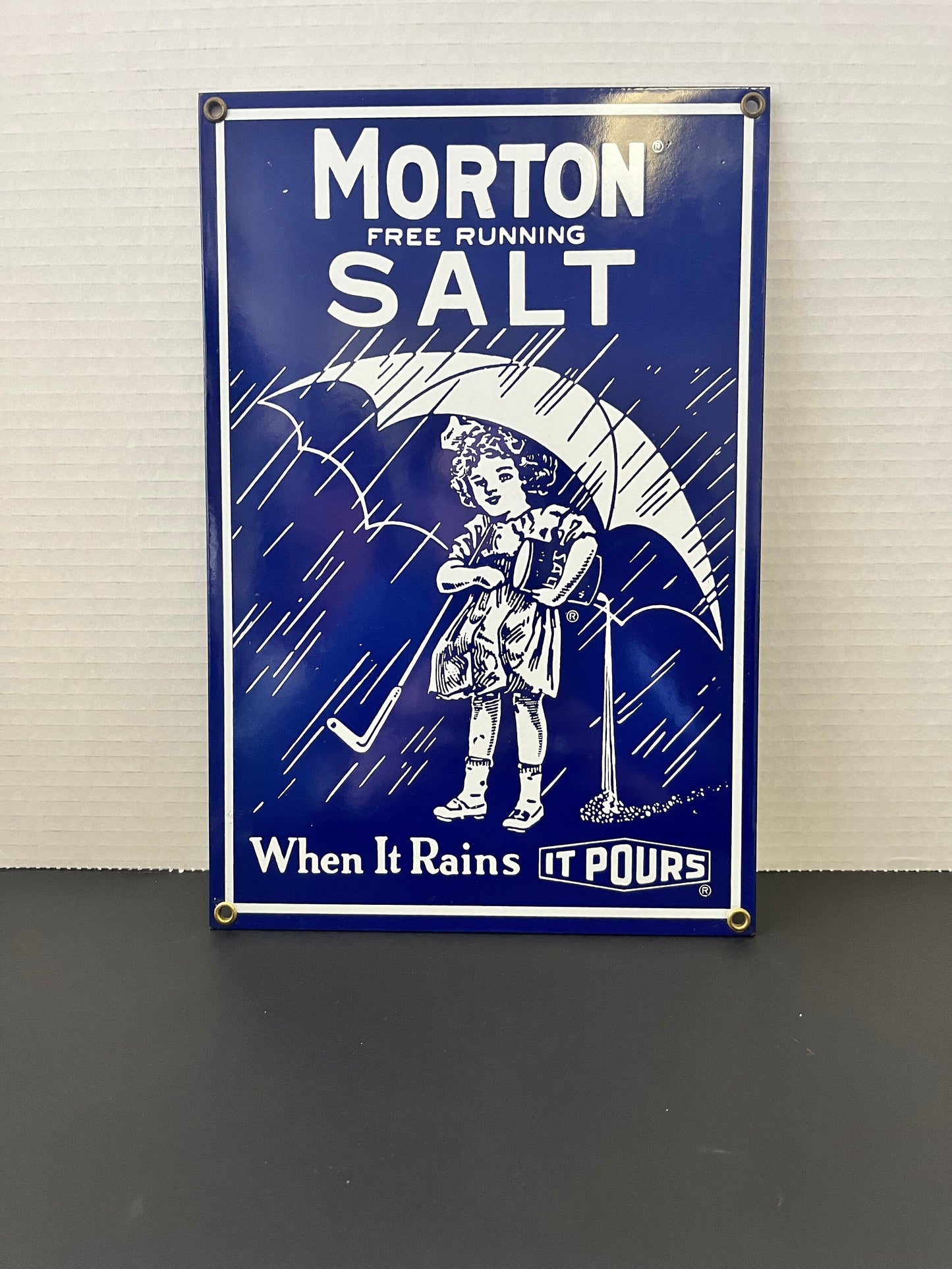 Fabulous old 12 x 5 enamel sign advertising Morton salt  wonderful condition  great look and perfect gift  advertising enamel sign wow