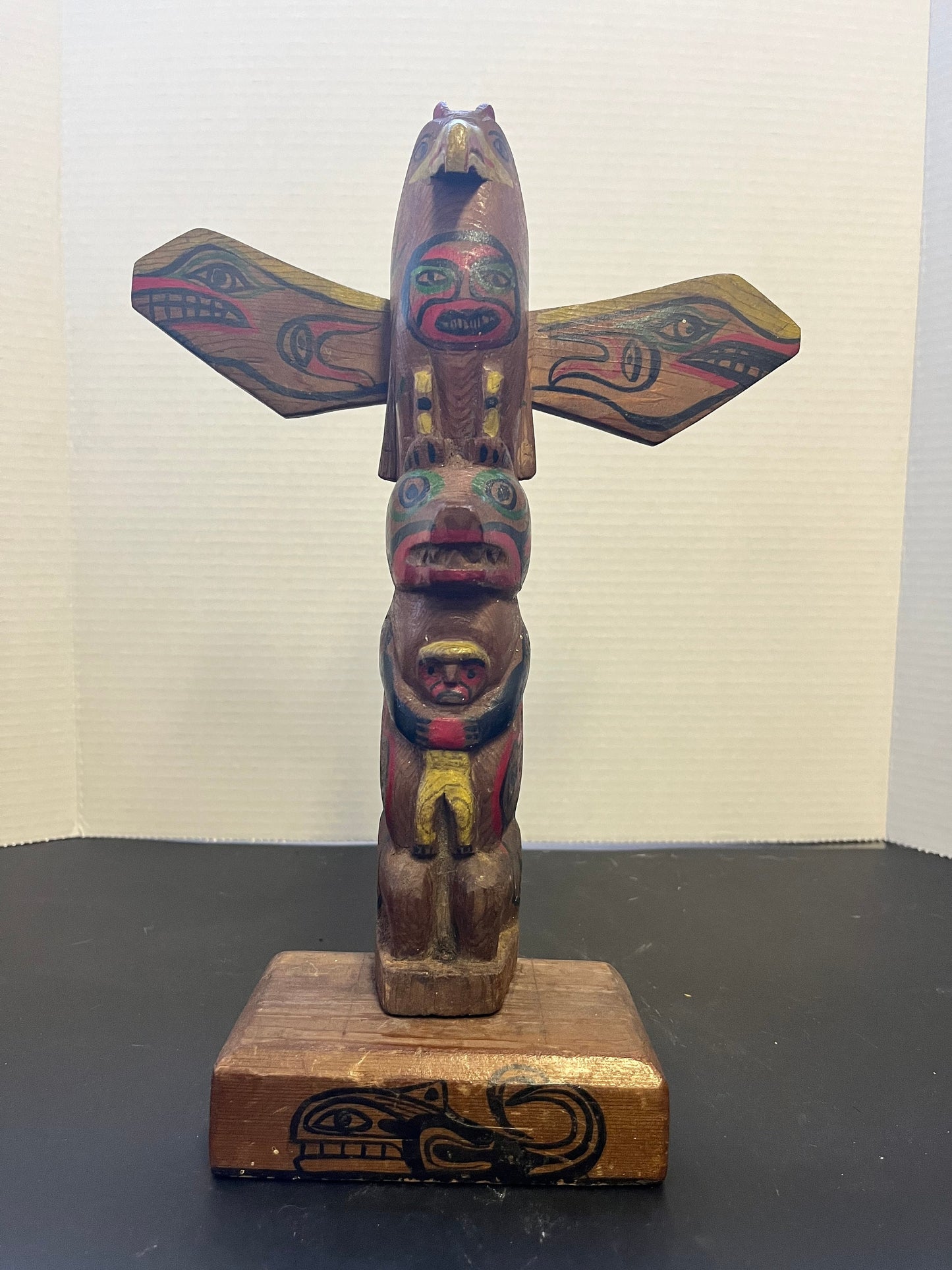 Absolutely fantastic 12 inch high by 9 inch wide antique Pacific Northwest indigenous first nations Polychrome painted and carved totem pole