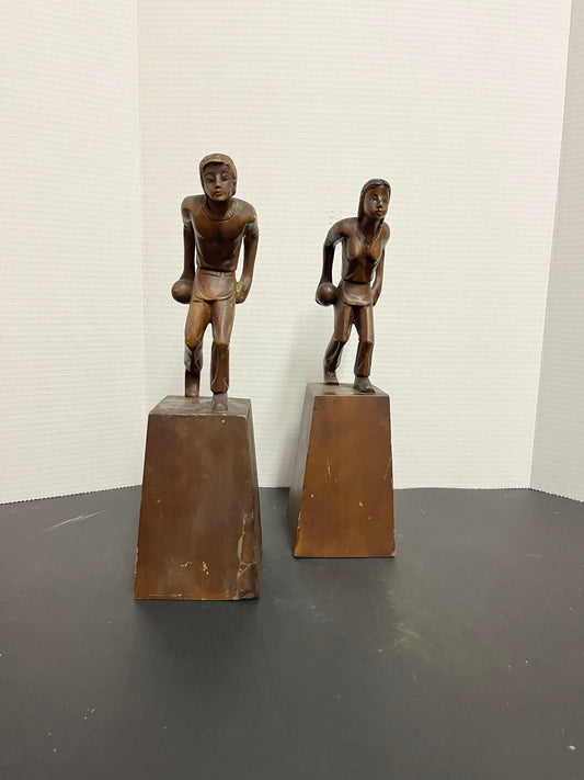 Absolutely magnificent museum quality one of a kind 13 x 4 high pair of 1920s or earlier oceanic wooden bowling statues