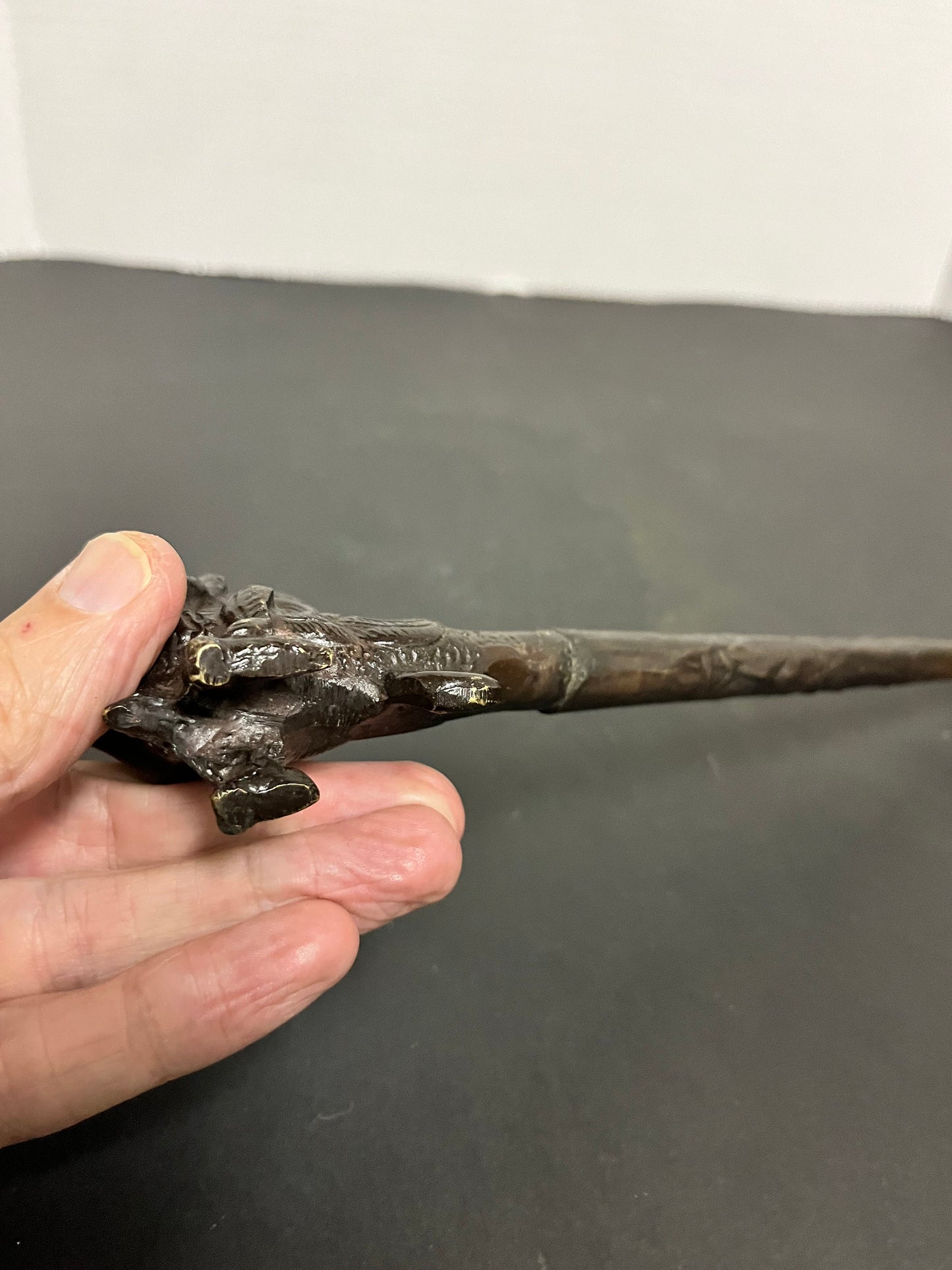 Absolutely fabulous 11 inch long Tibetan bronze pipe depicting a mythical creature with great detail and patina  gift alert